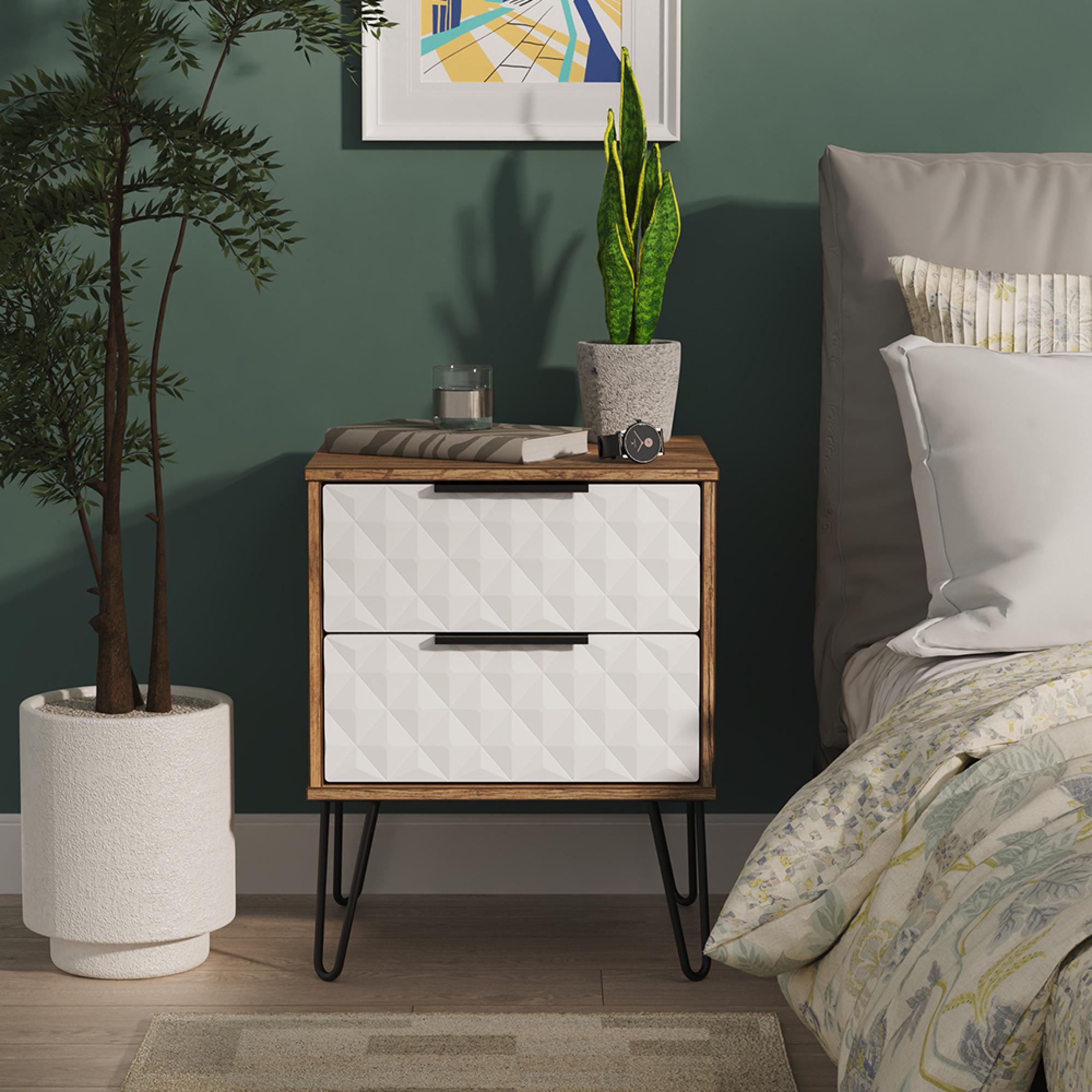 Harlequin Bedside Cabinet - 2 Drawer - with Hairpin Legs - White Matt and Vintage Oak