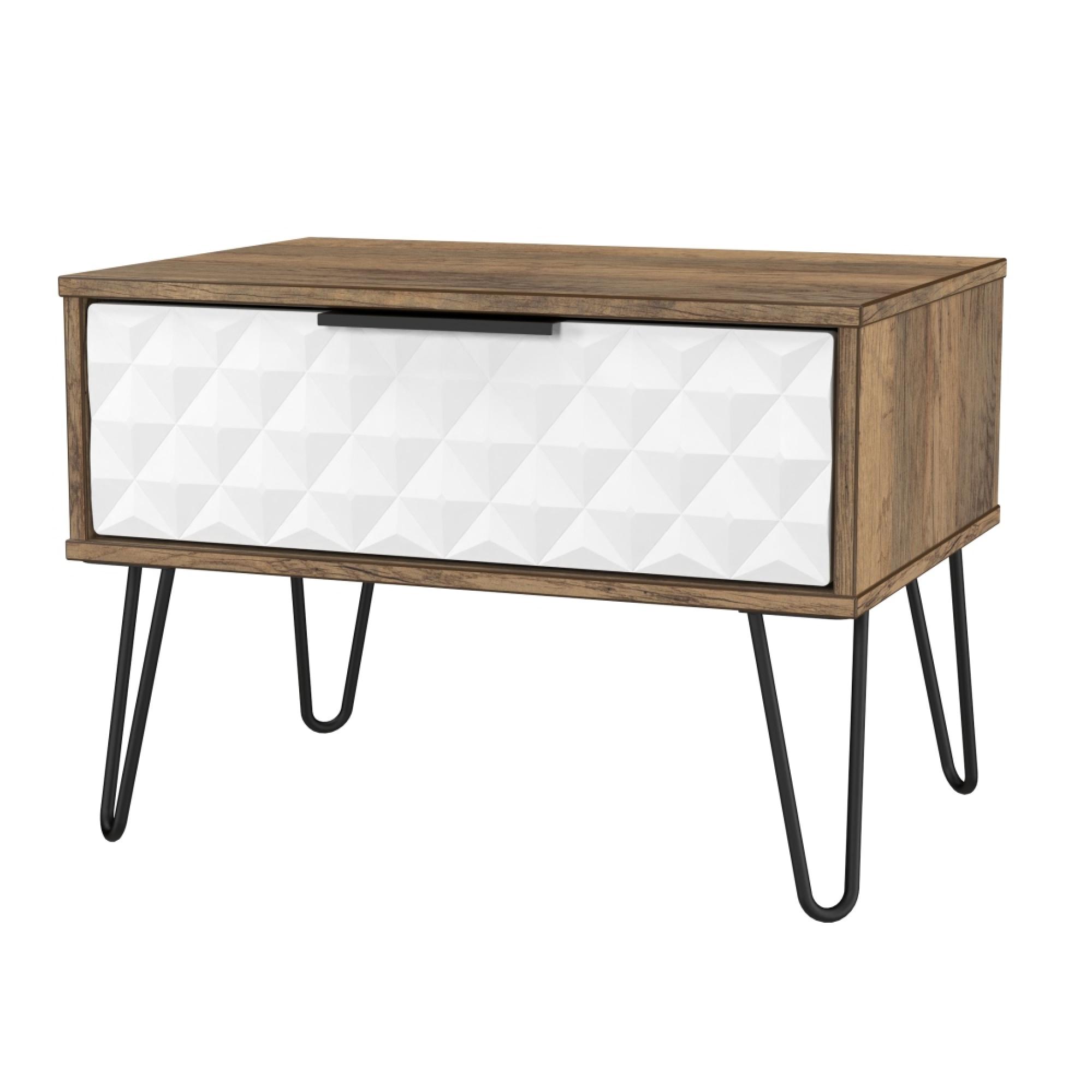 Harlequin Bedside Cabinet - 1 Drawer - Midi - with Hairpin Legs - White Matt and Vintage Oak