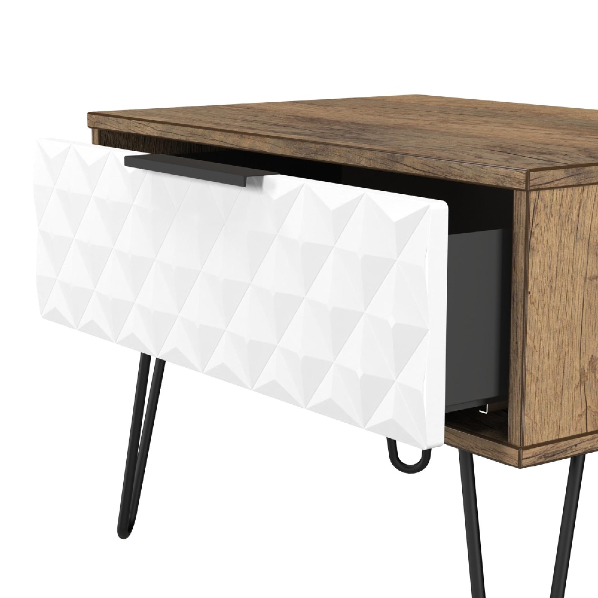 Harlequin Bedside Cabinet - 1 Drawer - Midi - with Hairpin Legs - White Matt and Vintage Oak