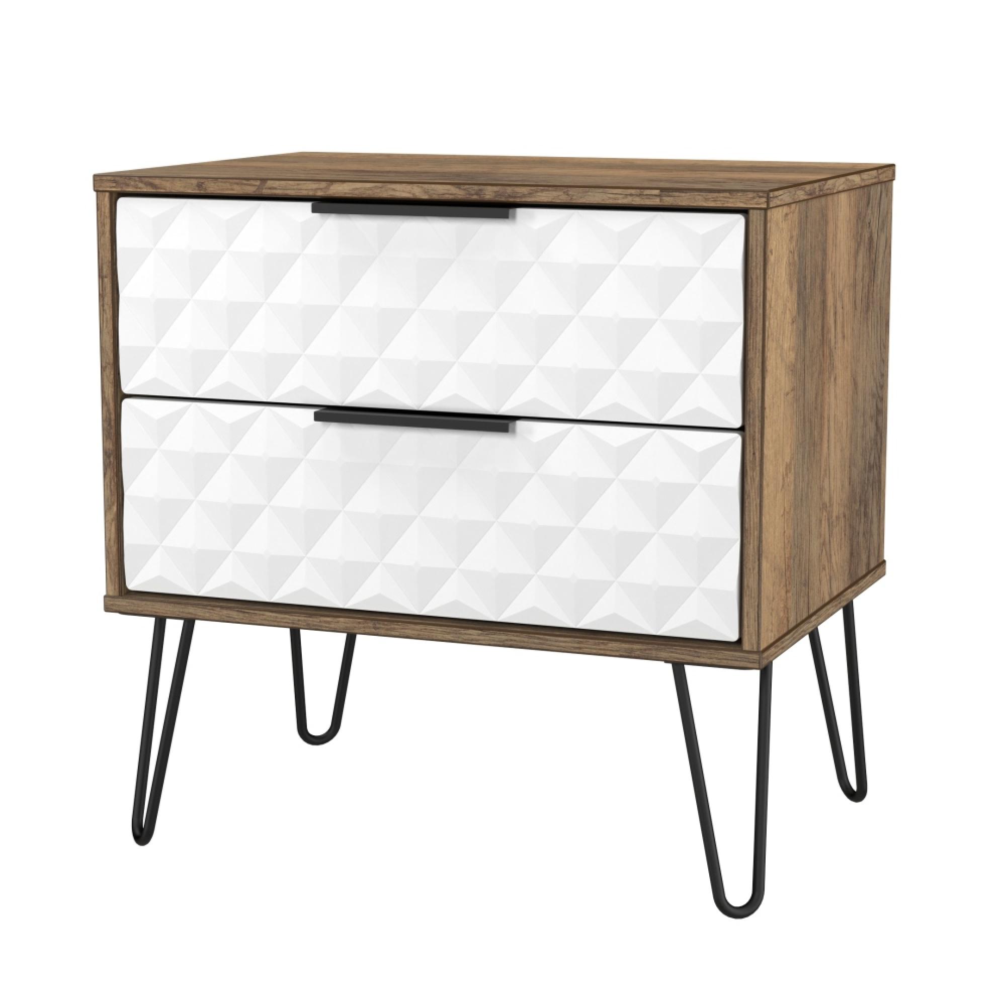 Harlequin Bedside Cabinet - 2 Drawer - Midi - with Hairpin Legs - White Matt and Vintage Oak