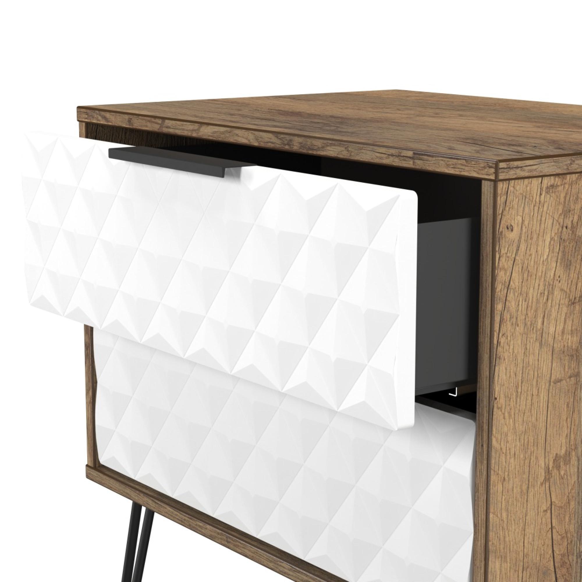 Harlequin Bedside Cabinet - 2 Drawer - Midi - with Hairpin Legs - White Matt and Vintage Oak
