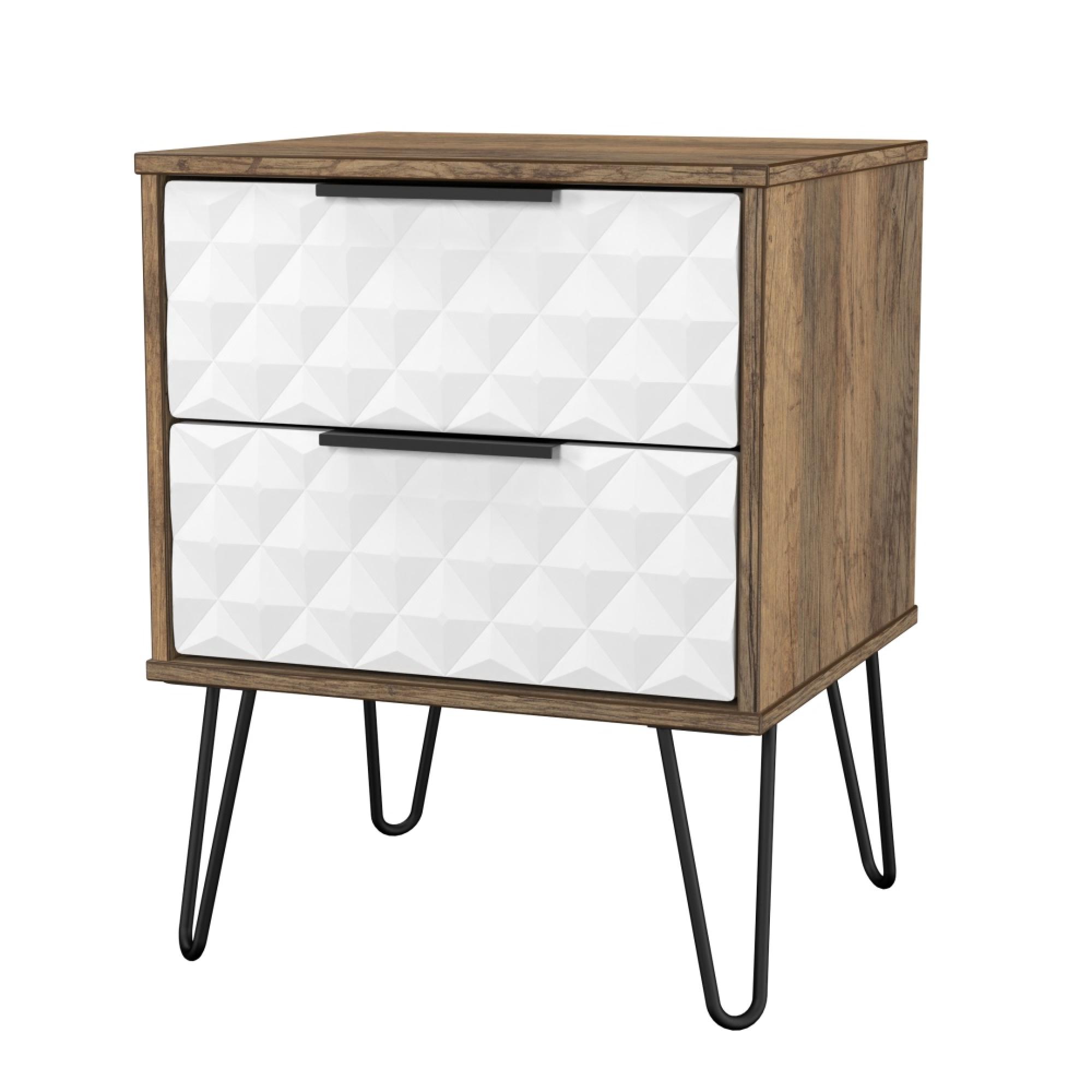 Harlequin Bedside Cabinet - 2 Drawer - with Hairpin Legs - White Matt and Vintage Oak