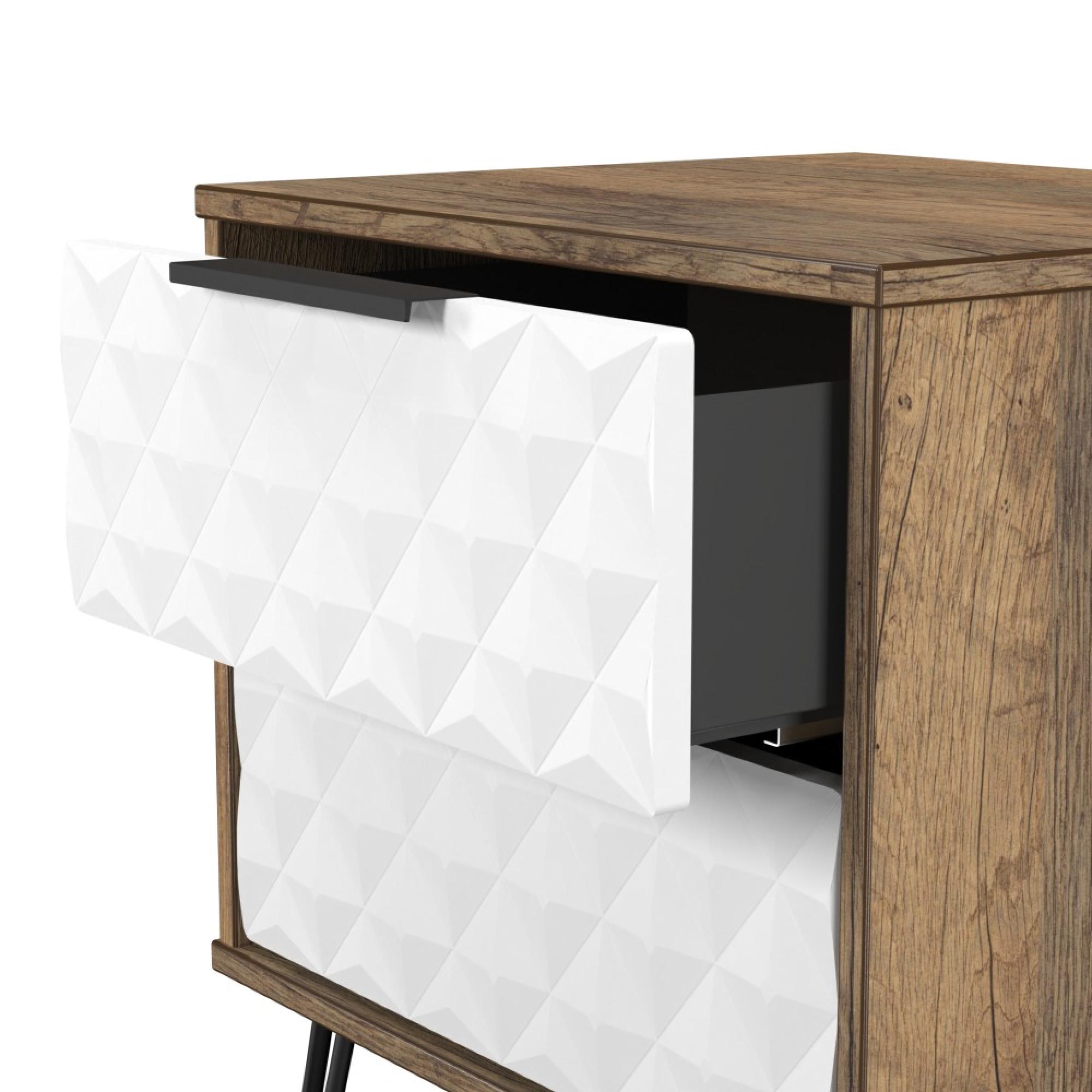 Harlequin Bedside Cabinet - 2 Drawer - with Hairpin Legs - White Matt and Vintage Oak