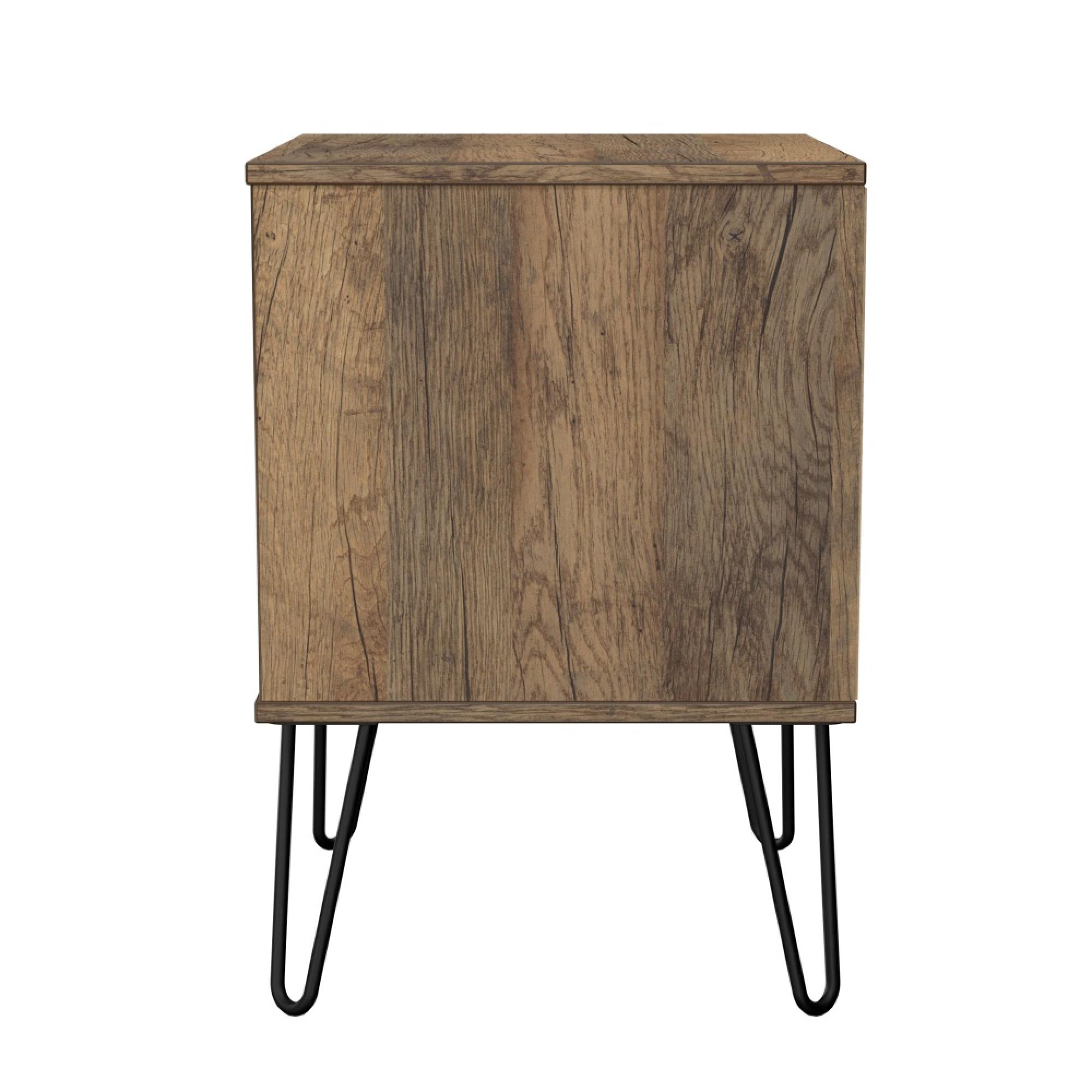 Harlequin Bedside Cabinet - 2 Drawer - with Hairpin Legs - White Matt and Vintage Oak