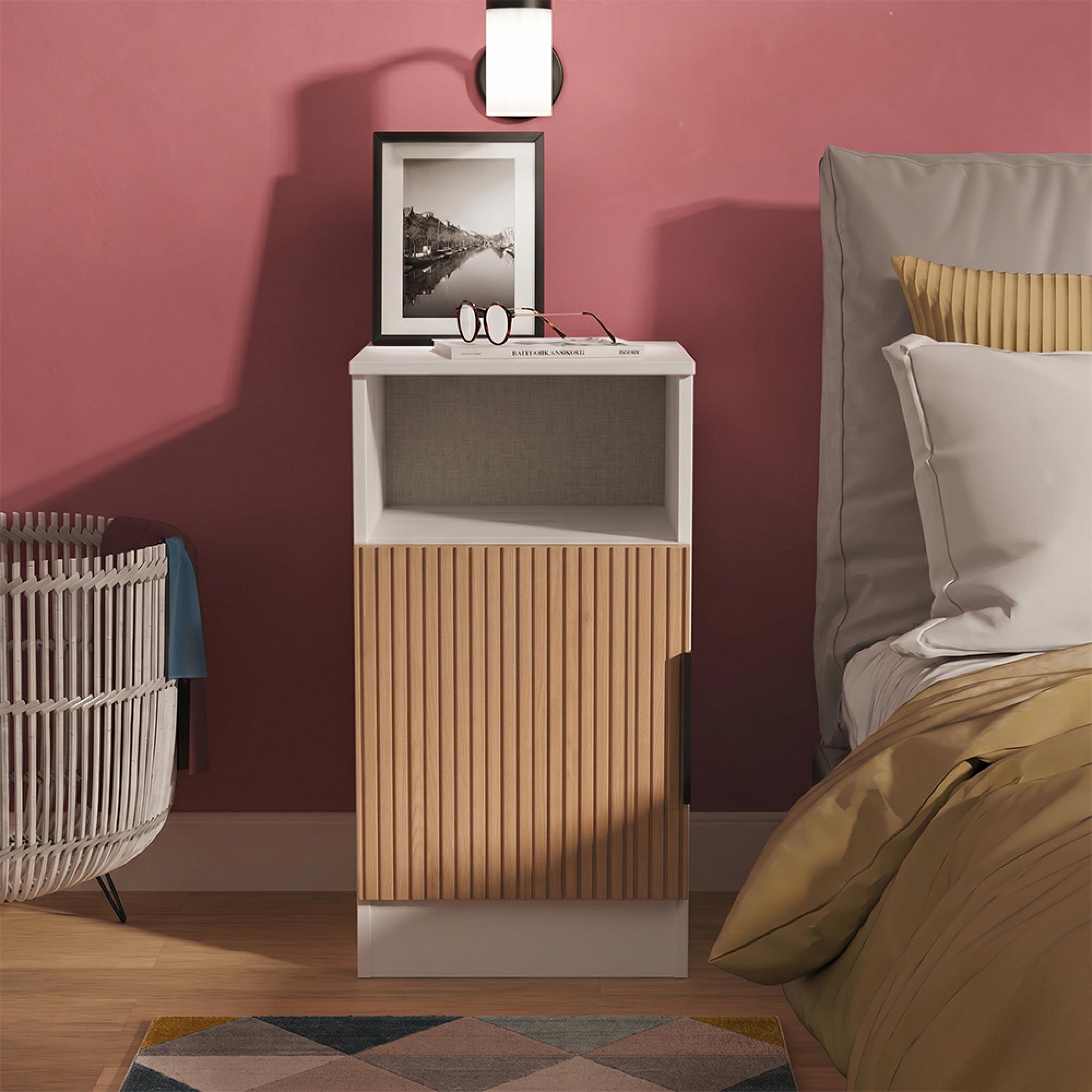 Java Fluted Bedside Cabinet - 1 Door - Natural and White