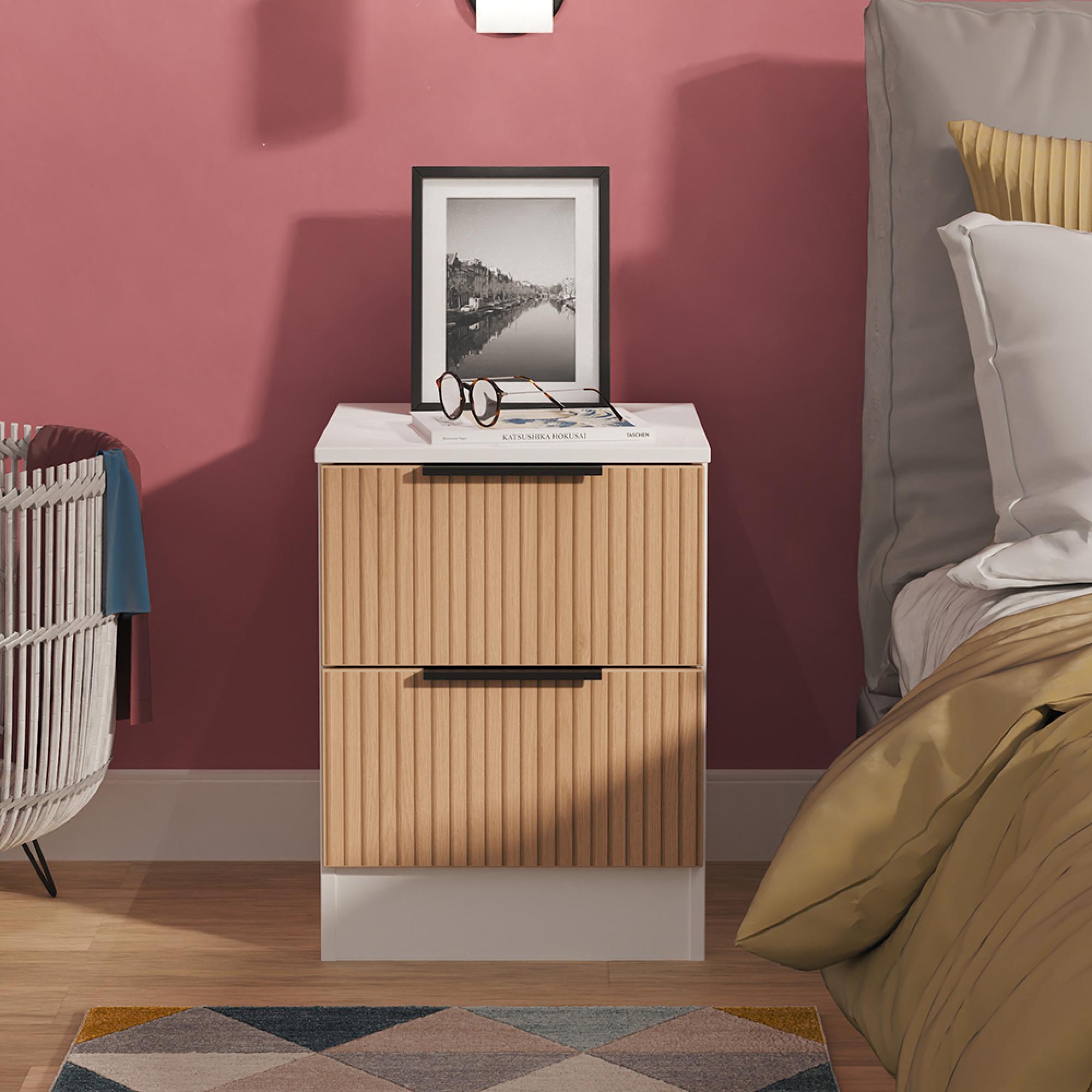 Java Fluted Bedside Cabinet - 2 Drawer - Natural and White