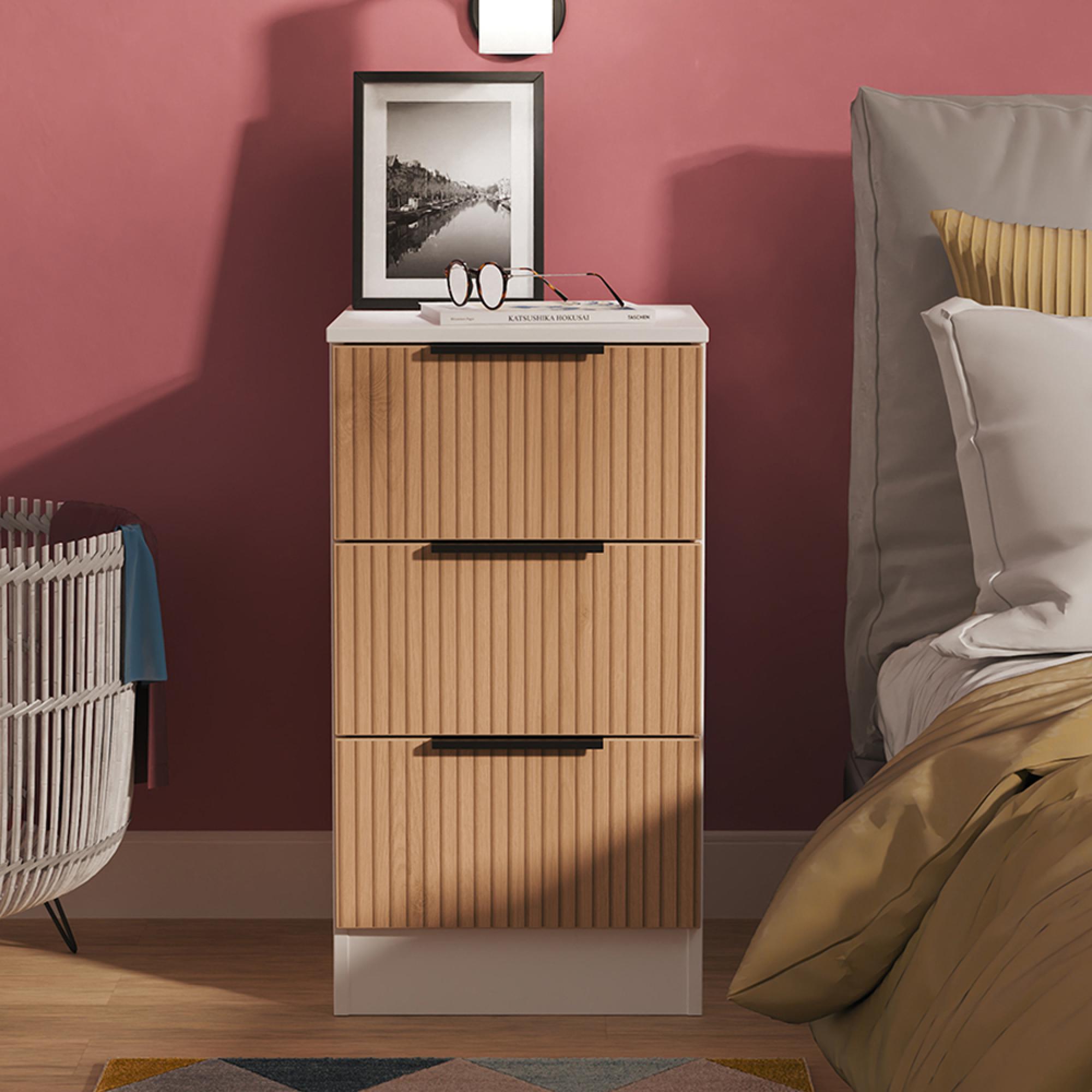 Java Fluted Bedside Cabinet - 3 Drawer - Natural and White