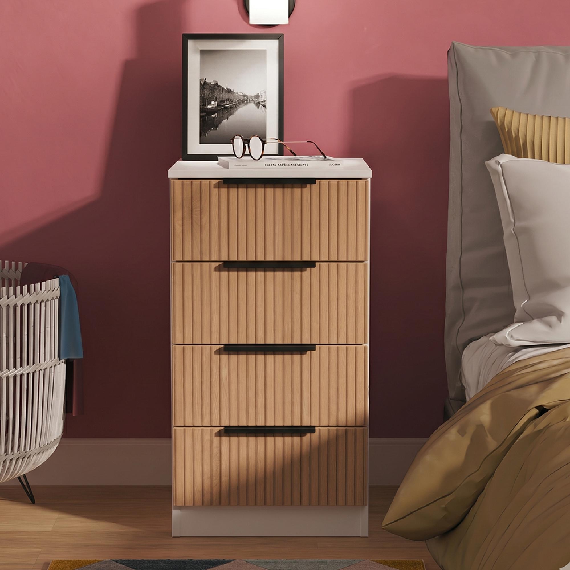 Java Fluted Bedside Cabinet - 4 Drawer - Natural and White