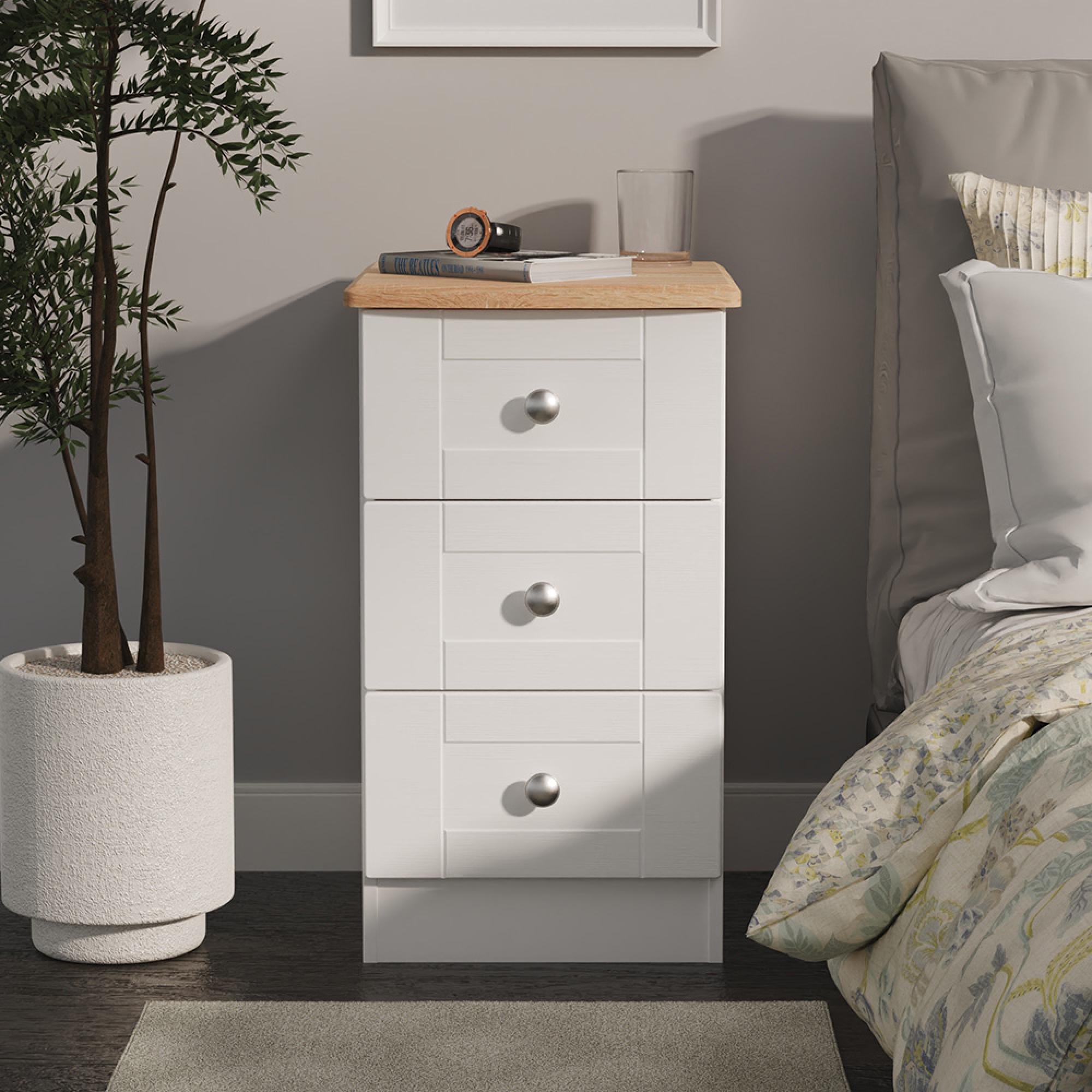 Sussex Bedside Cabinet - 3 Drawer - White and Oak