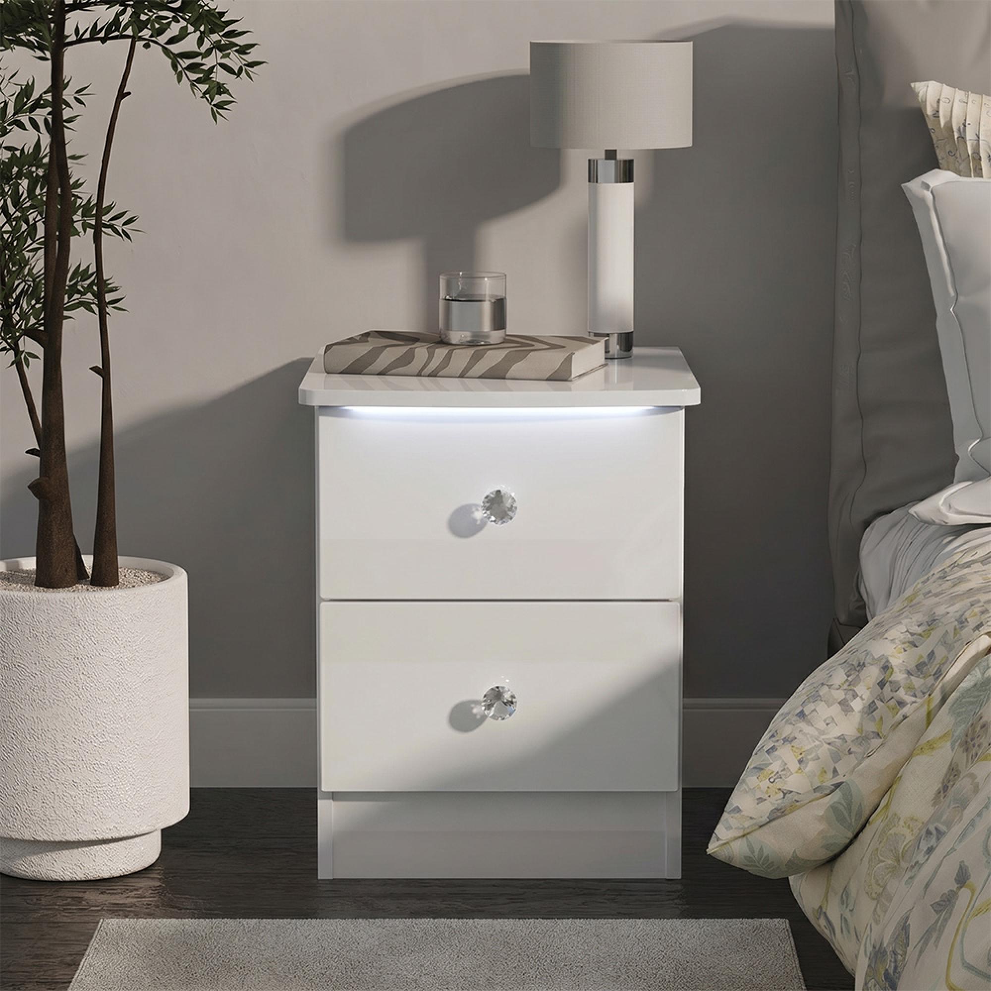 Lumiere Bedside Cabinet - 2 Drawer - White Gloss