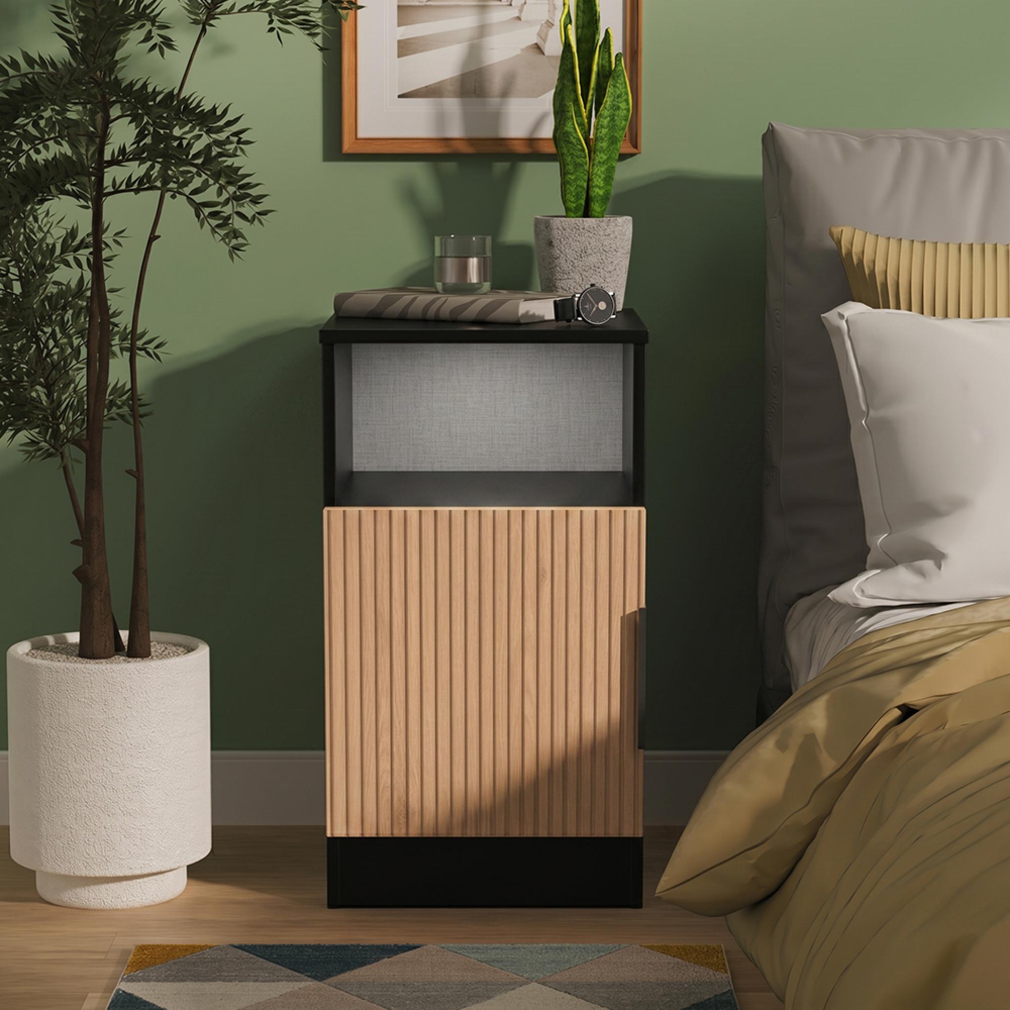 Java Fluted Bedside Cabinet - 1 Door - Natural and Black