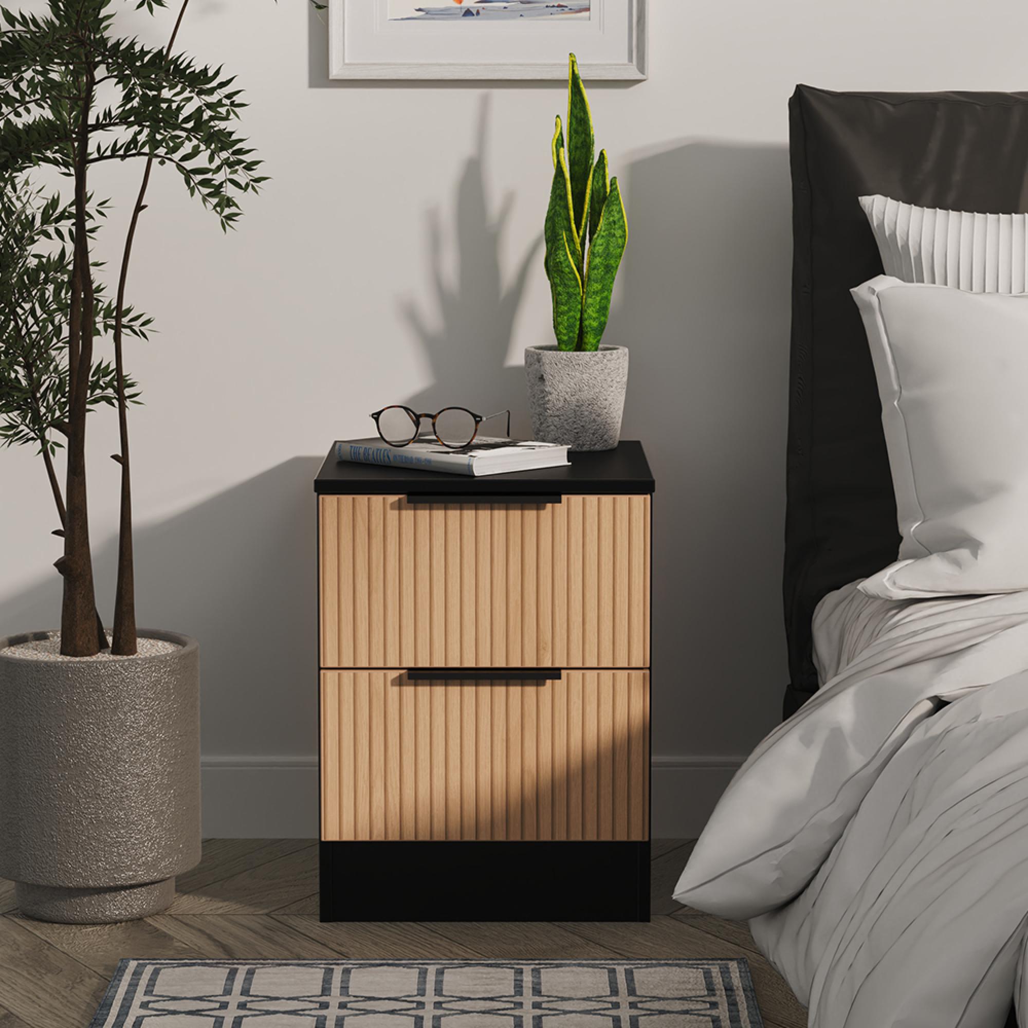 Java Fluted Bedside Cabinet - 2 Drawer - Natural and Black
