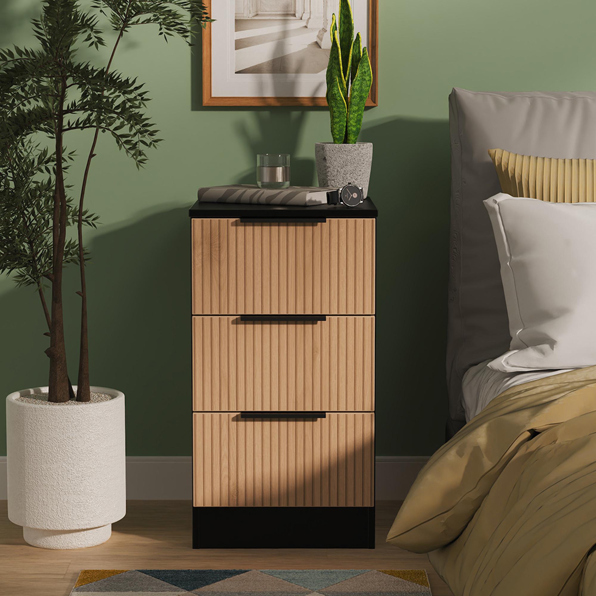 Java Fluted Bedside Cabinet - 3 Drawer - Natural and Black