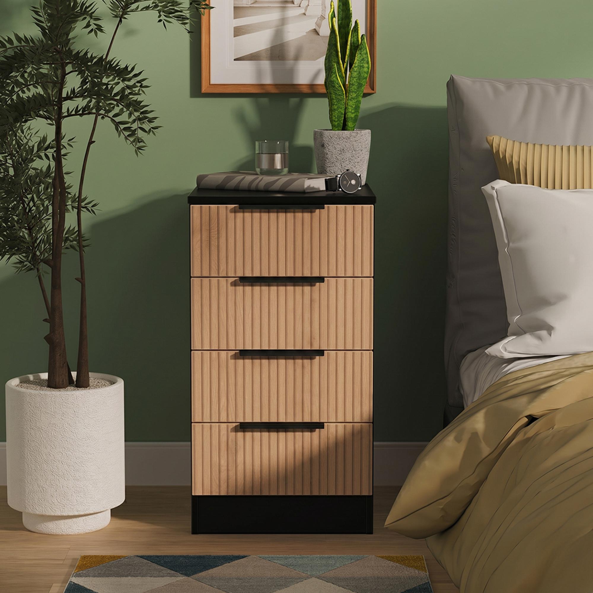 Java Fluted Bedside Cabinet - 4 Drawer - Natural and Black