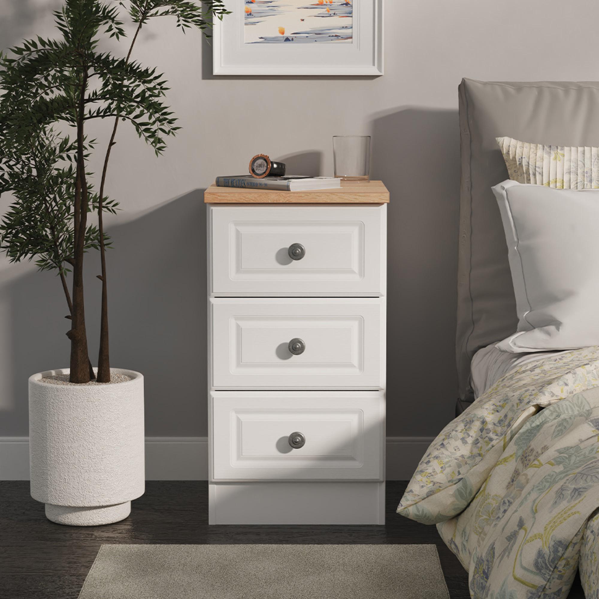 Norfolk Bedside Cabinet - 3 Drawer - White and Oak