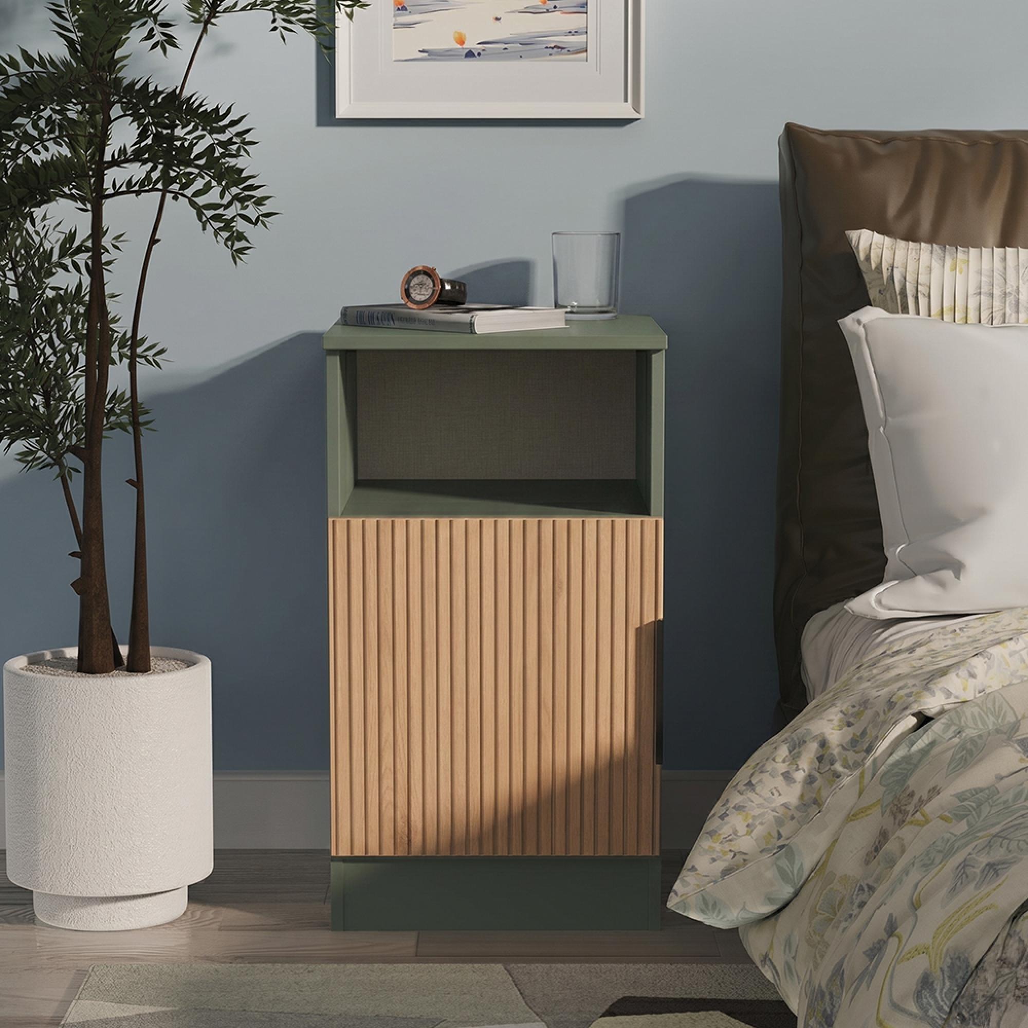 Java Fluted Bedside Cabinet - 1 Door - Natural and Reed Green