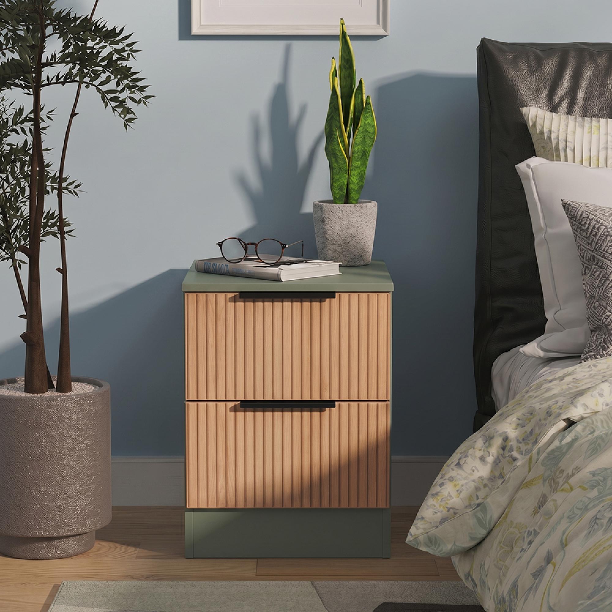 Java Fluted Bedside Cabinet - 2 Drawer - Natural and Reed Green