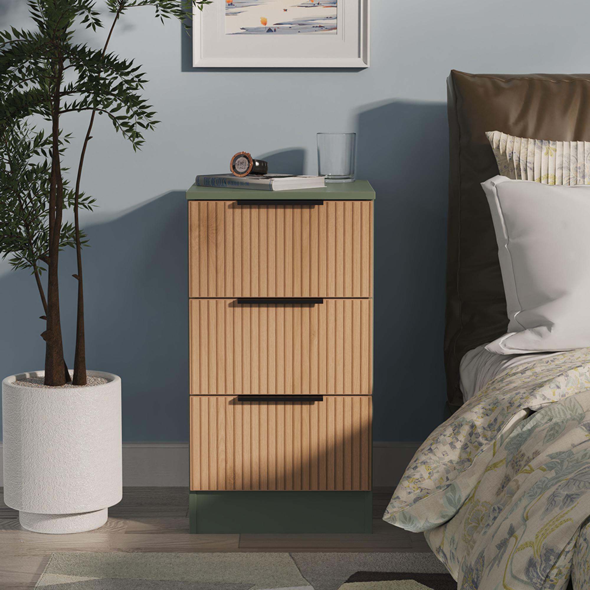 Java Fluted Bedside Cabinet - 3 Drawer - Natural and Reed Green