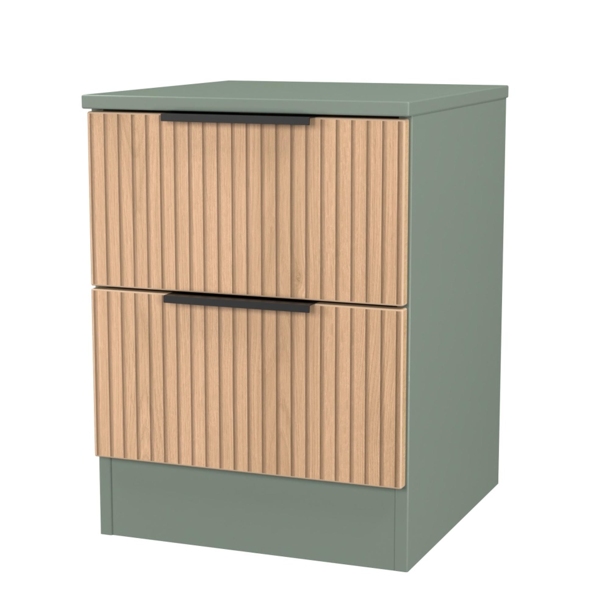 Java Fluted Bedside Cabinet - 2 Drawer - Natural and Reed Green