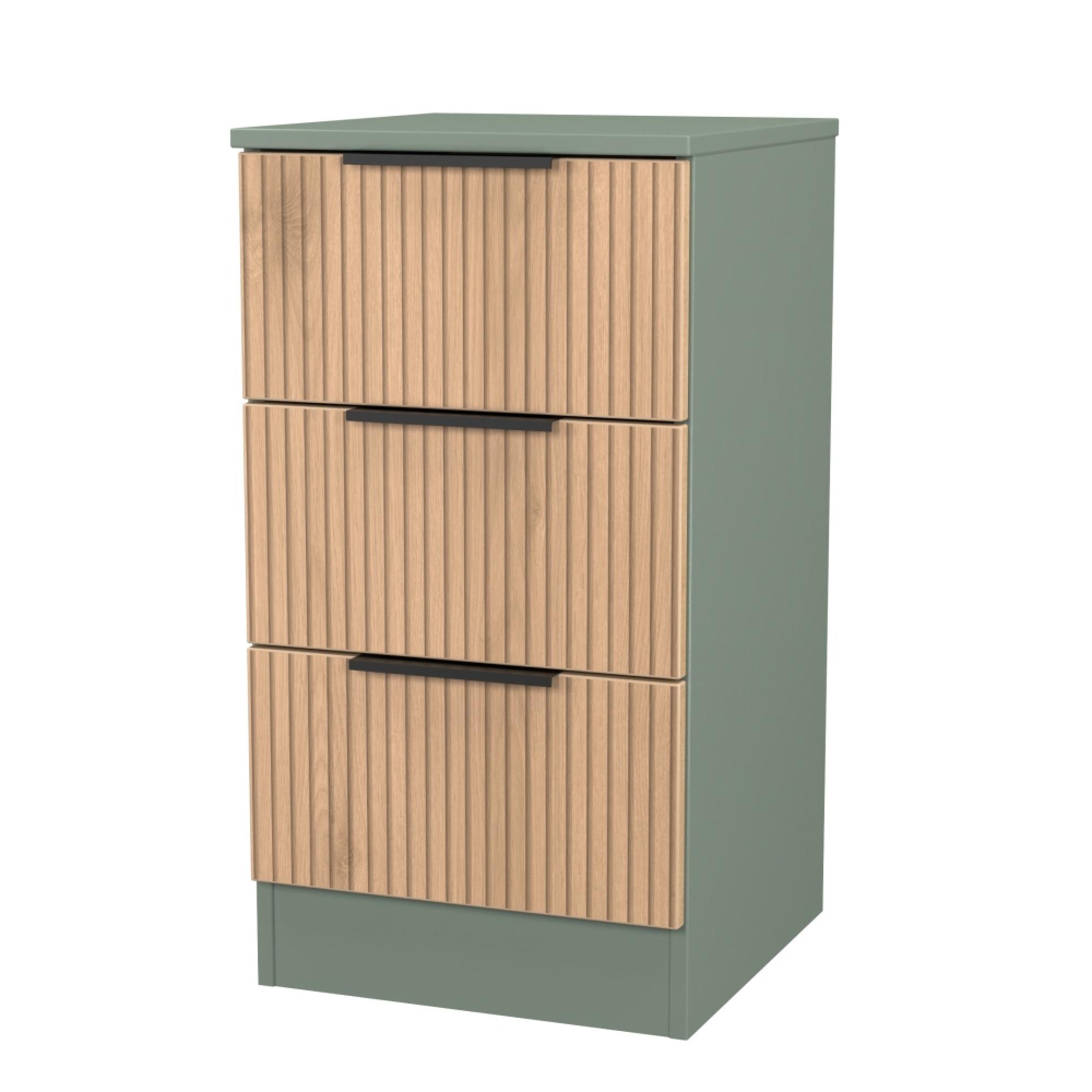 Java Fluted Bedside Cabinet - 3 Drawer - Natural and Reed Green