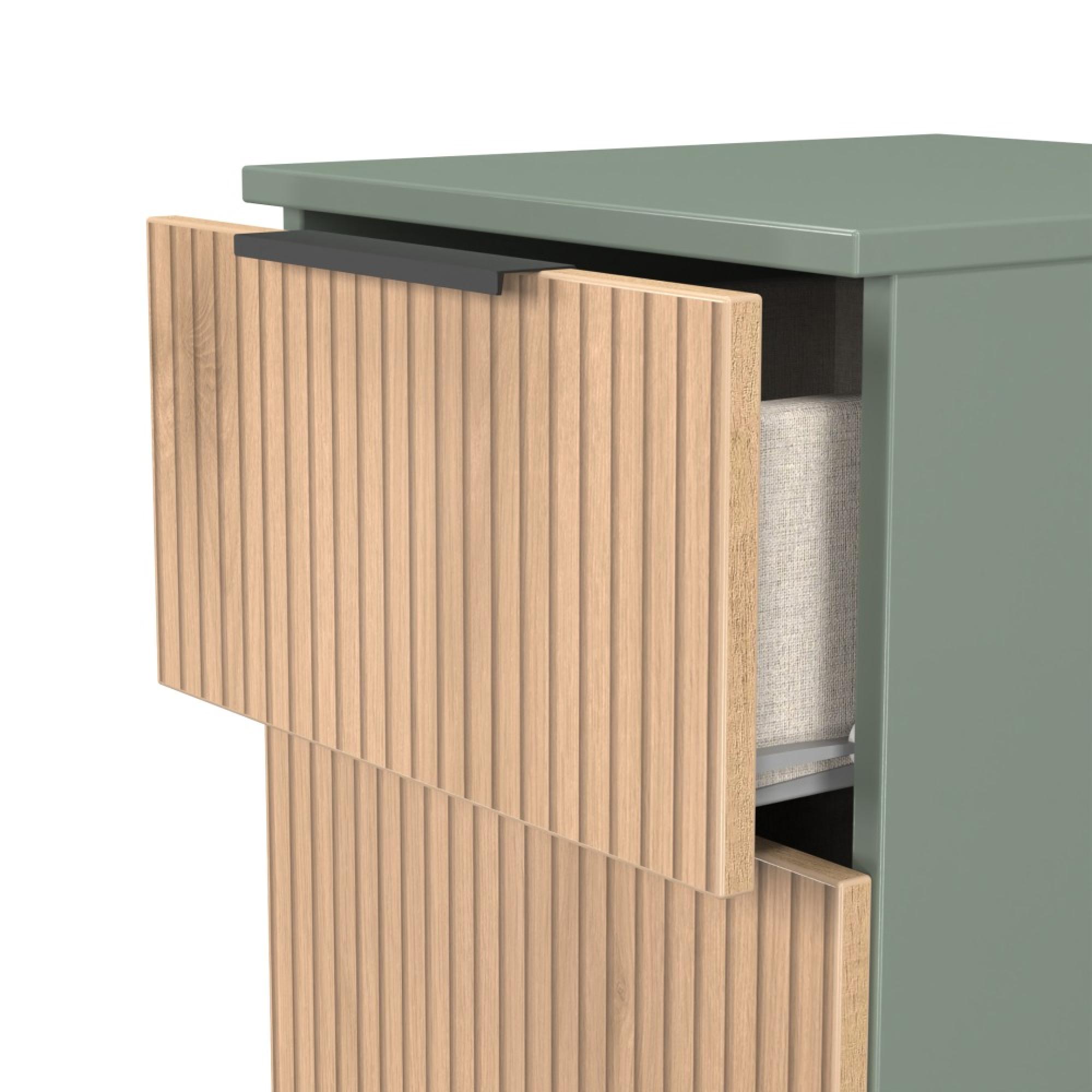 Java Fluted Bedside Cabinet - 3 Drawer - Natural and Reed Green