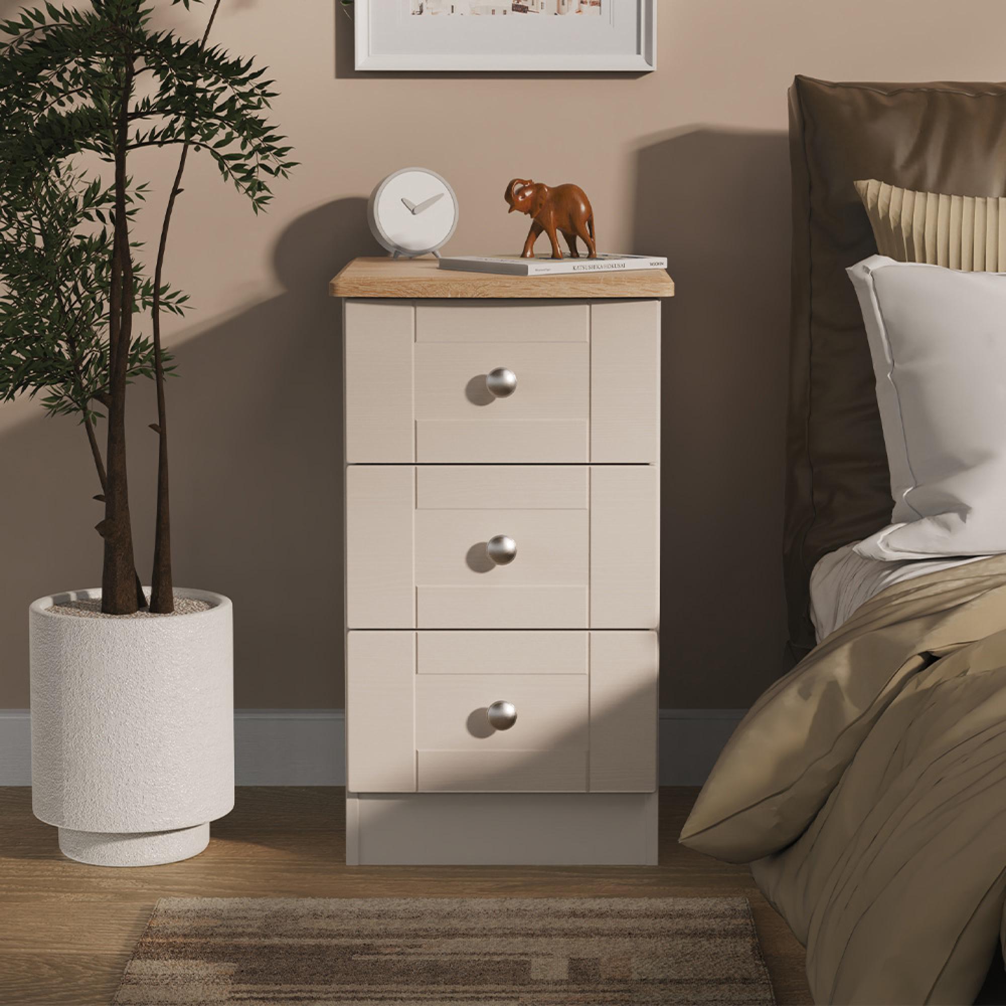 Sussex Bedside Cabinet - 3 Drawer - Cashmere and Oak