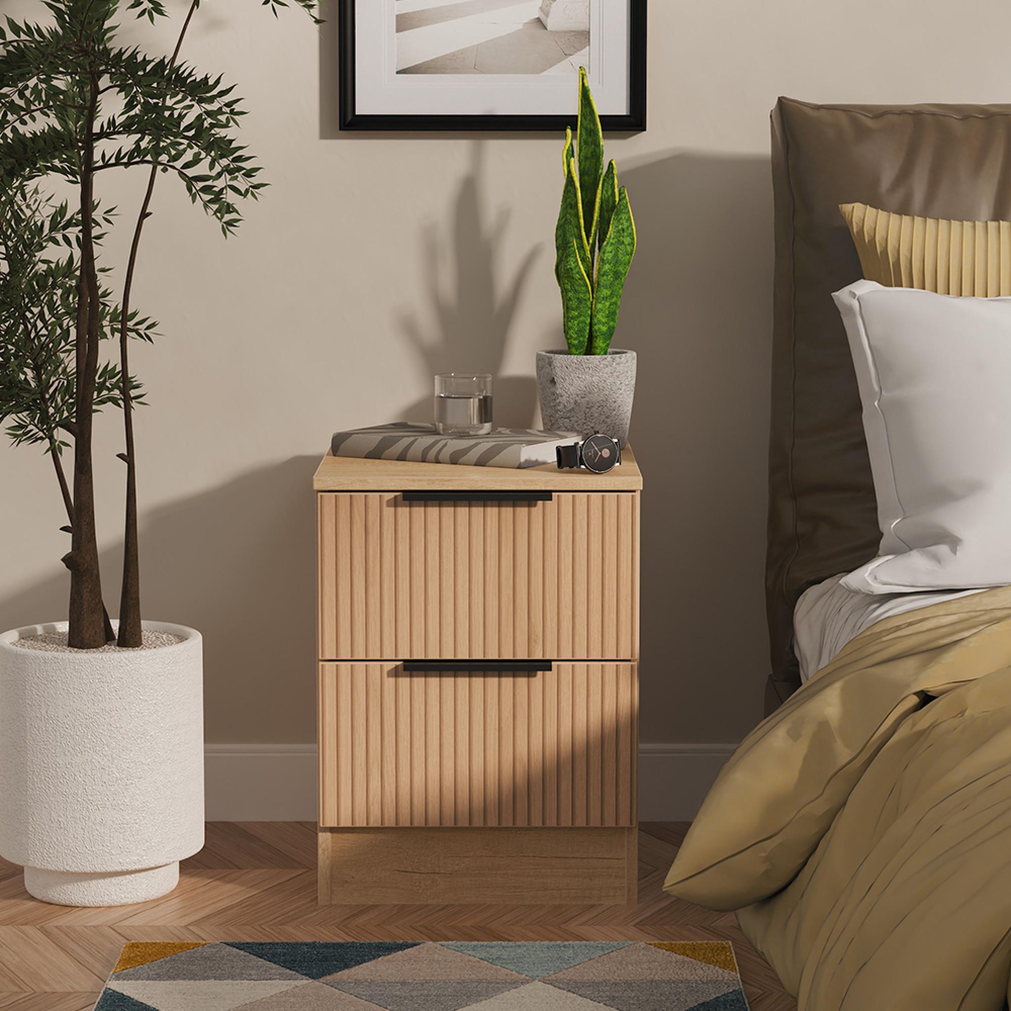Java Fluted Bedside Cabinet - 2 Drawer - Natural and Nebraska