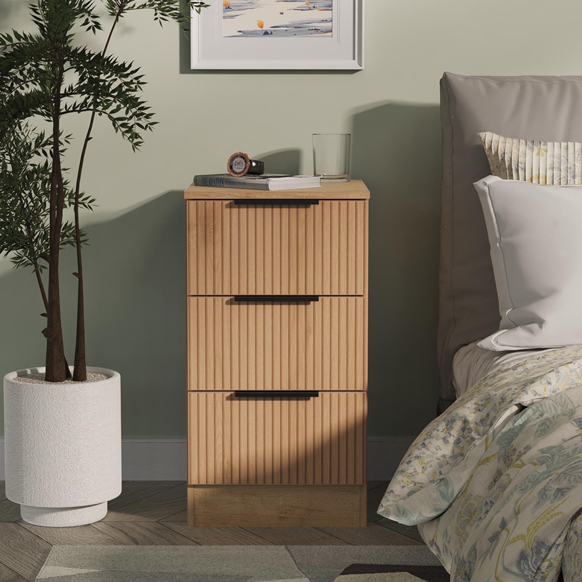 Java Fluted Bedside Cabinet - 3 Drawer - Natural and Nebraska