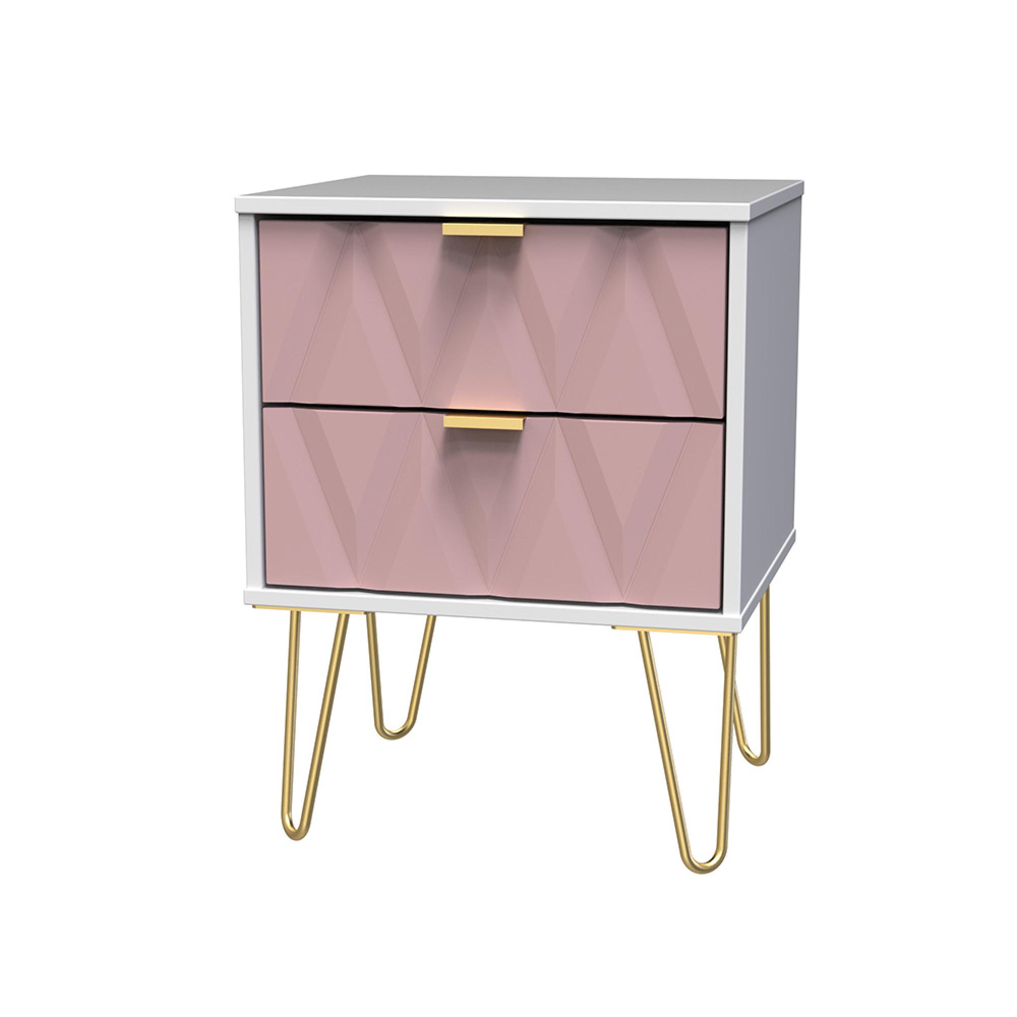 Diamond Bedside Cabinet - 2 Drawer - with Gold Hairpin Legs - Pink and White