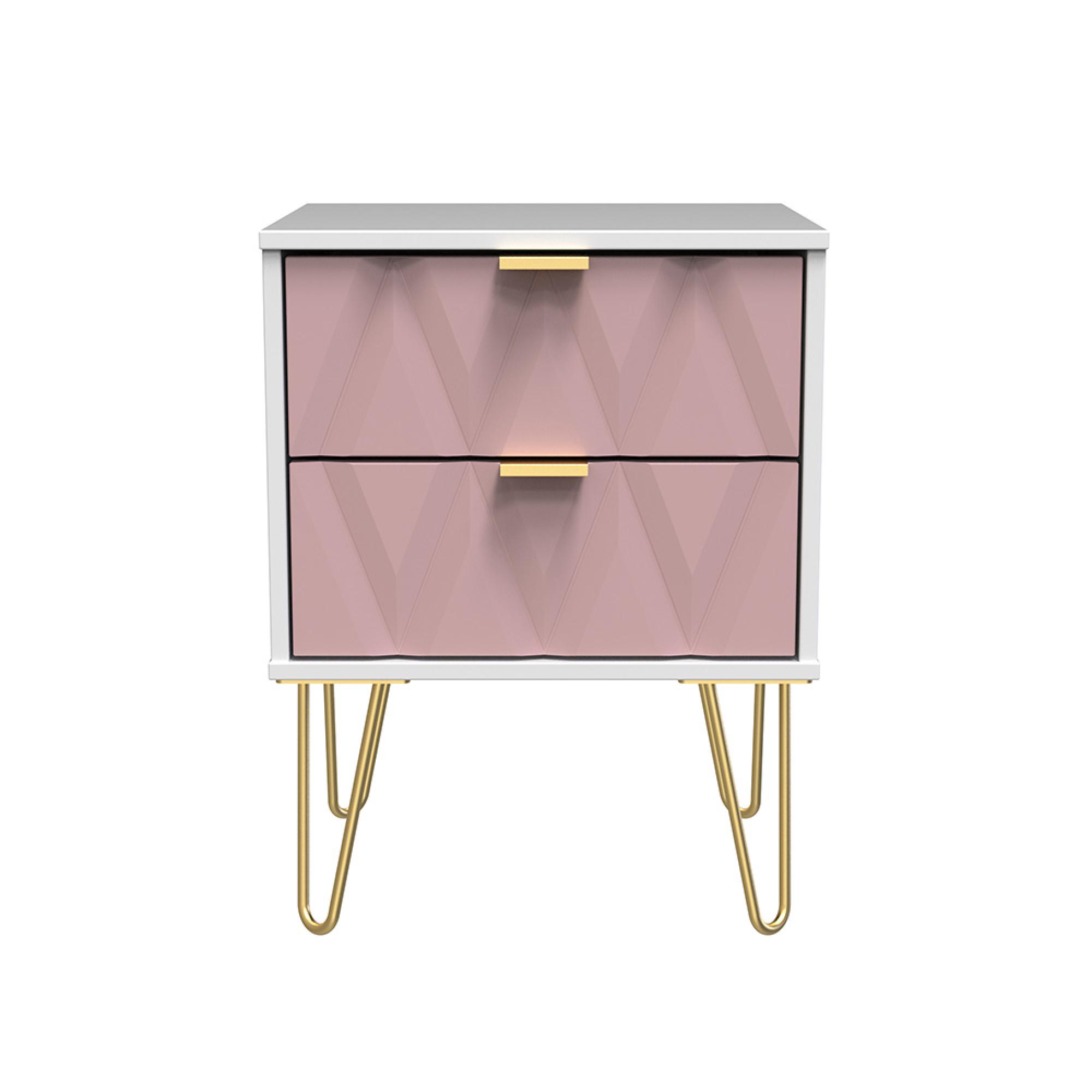 Diamond Bedside Cabinet - 2 Drawer - with Gold Hairpin Legs - Pink and White