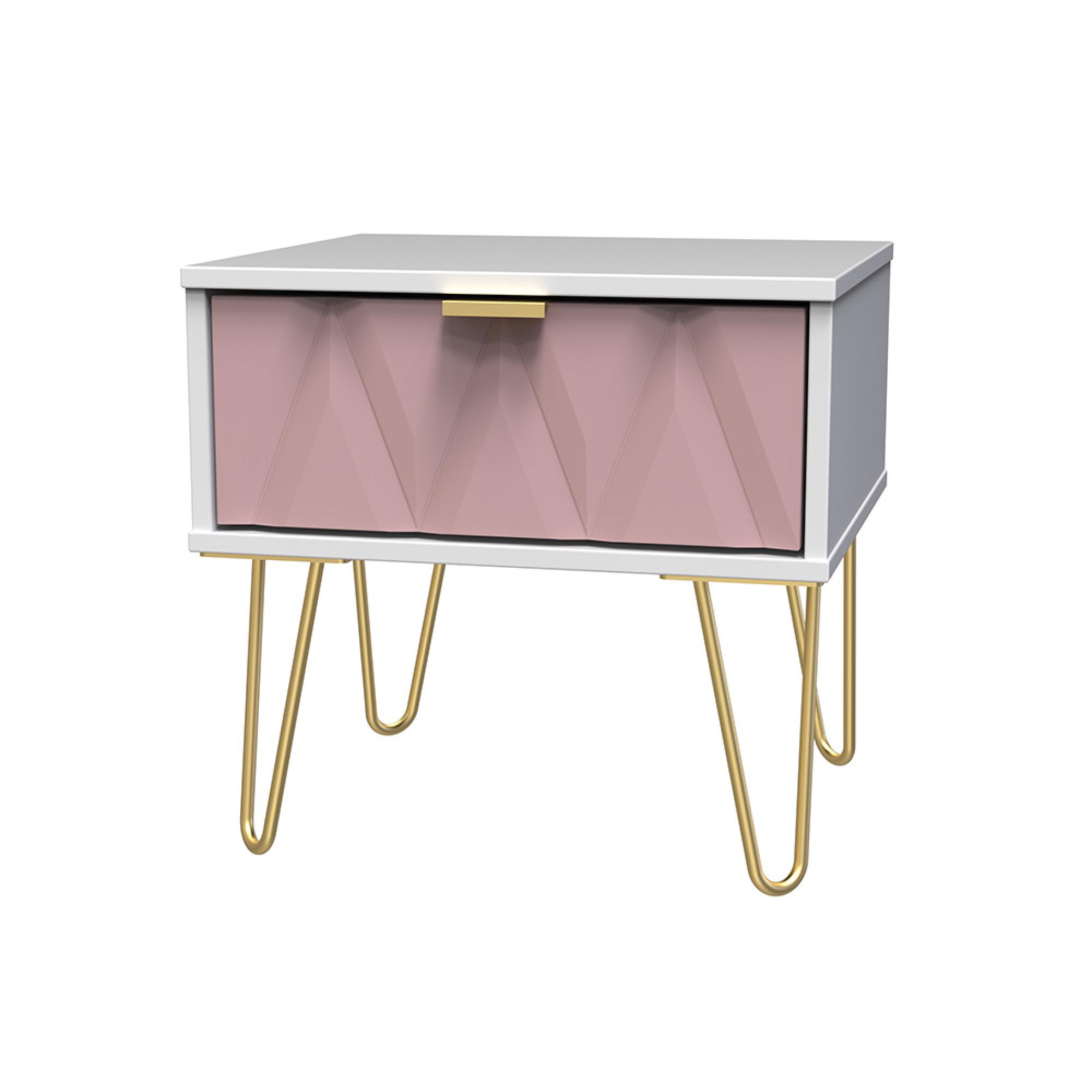 Diamond Bedside Table - 1 Drawer - with Gold Hairpin Legs - Pink and White