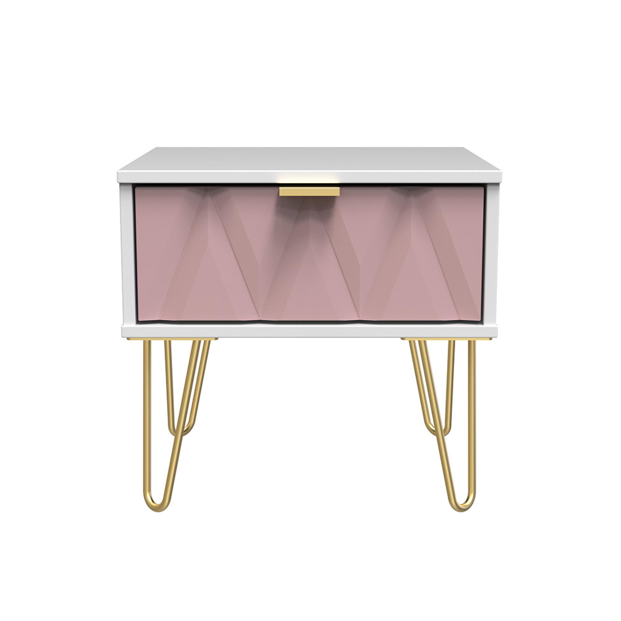Diamond Bedside Table - 1 Drawer - with Gold Hairpin Legs - Pink and White