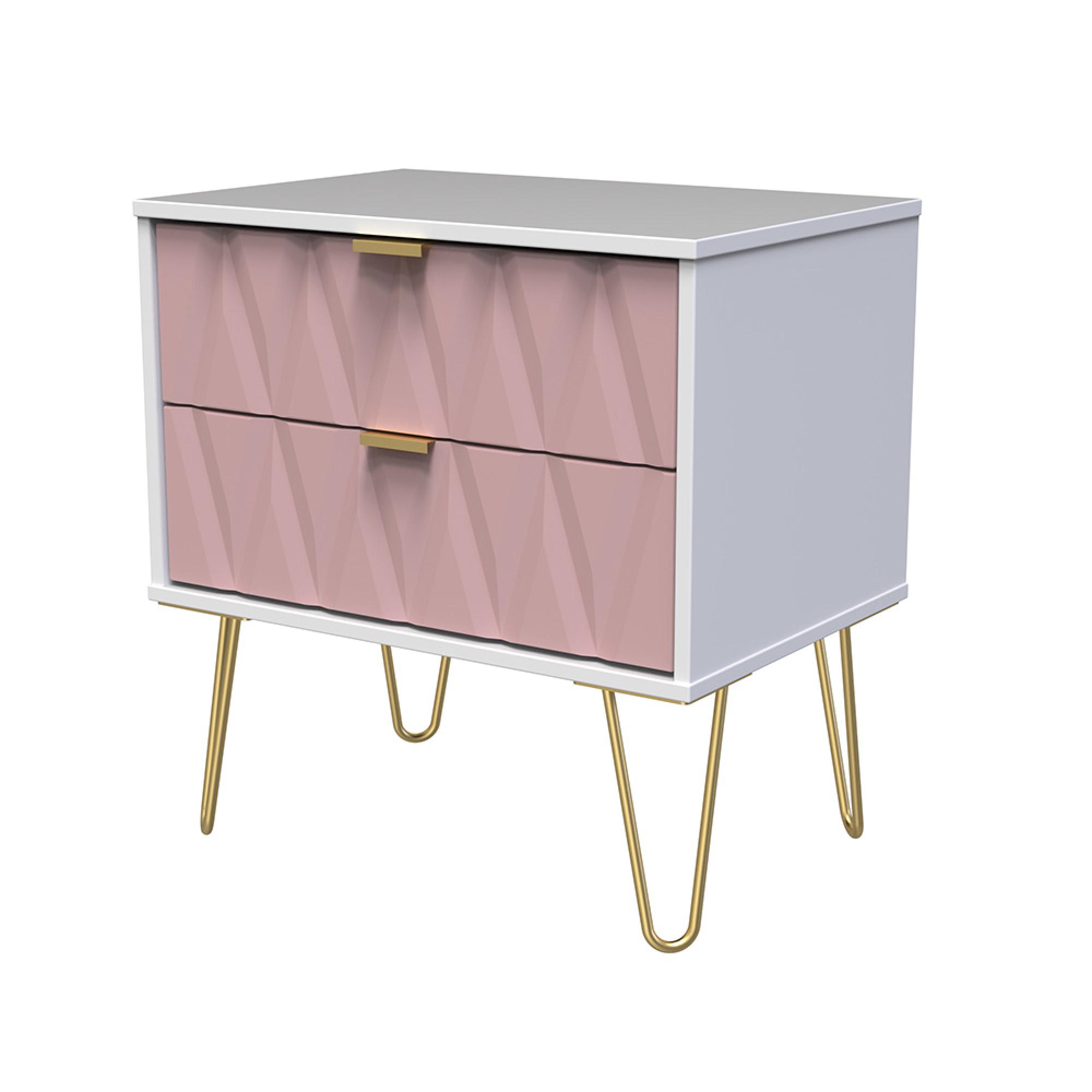 Diamond Midi Bedside Cabinet - 2 Drawer - with Gold Hairpin Legs - Pink and White