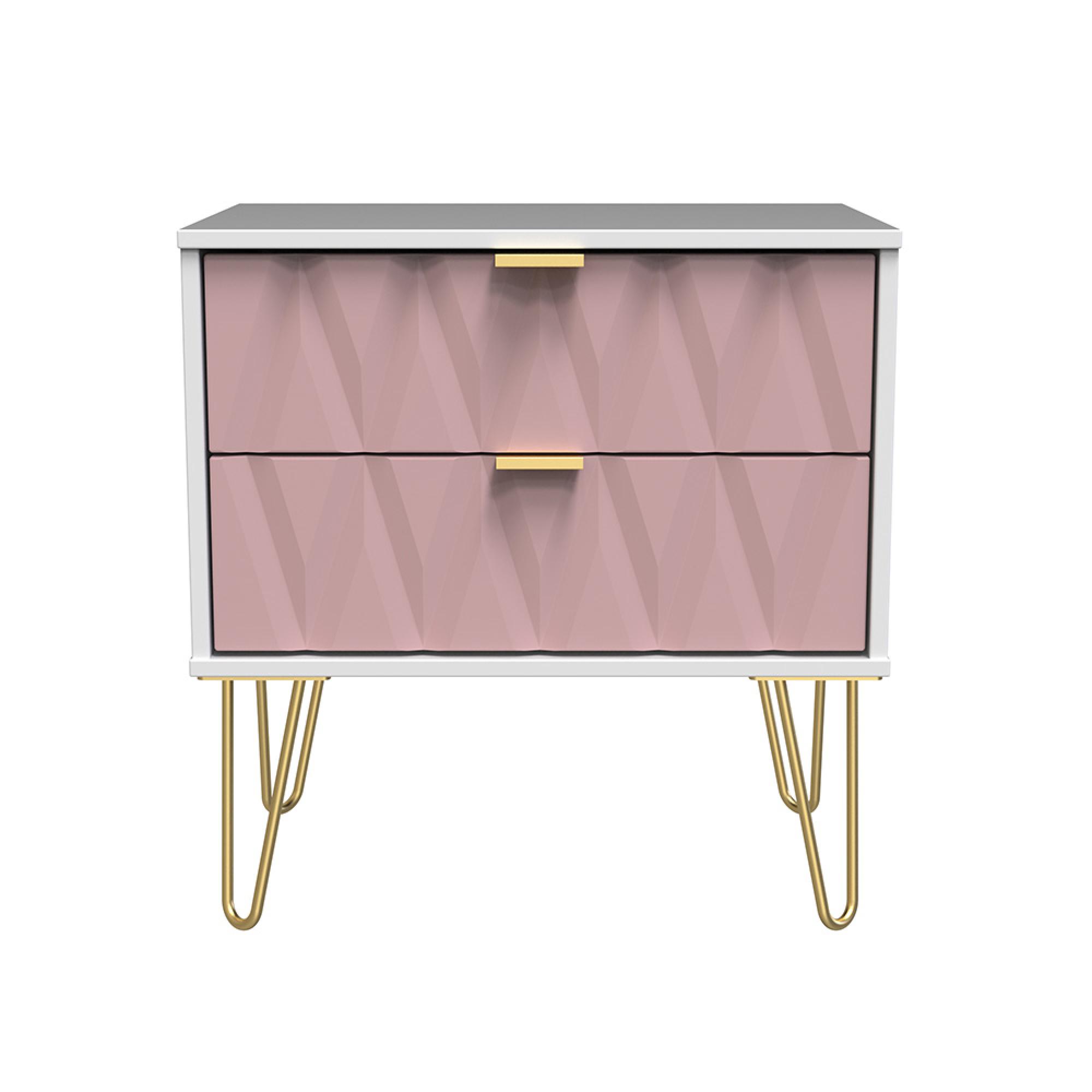Diamond Midi Bedside Cabinet - 2 Drawer - with Gold Hairpin Legs - Pink and White
