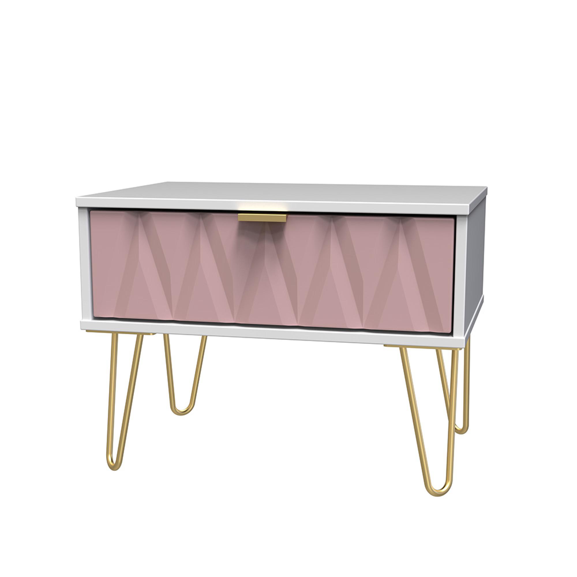 Diamond Midi Bedside Table - 1 Drawer - with Gold Hairpin Legs - Pink and White