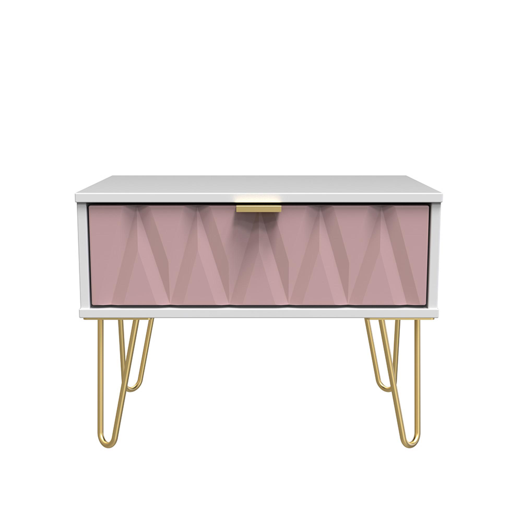 Diamond Midi Bedside Table - 1 Drawer - with Gold Hairpin Legs - Pink and White