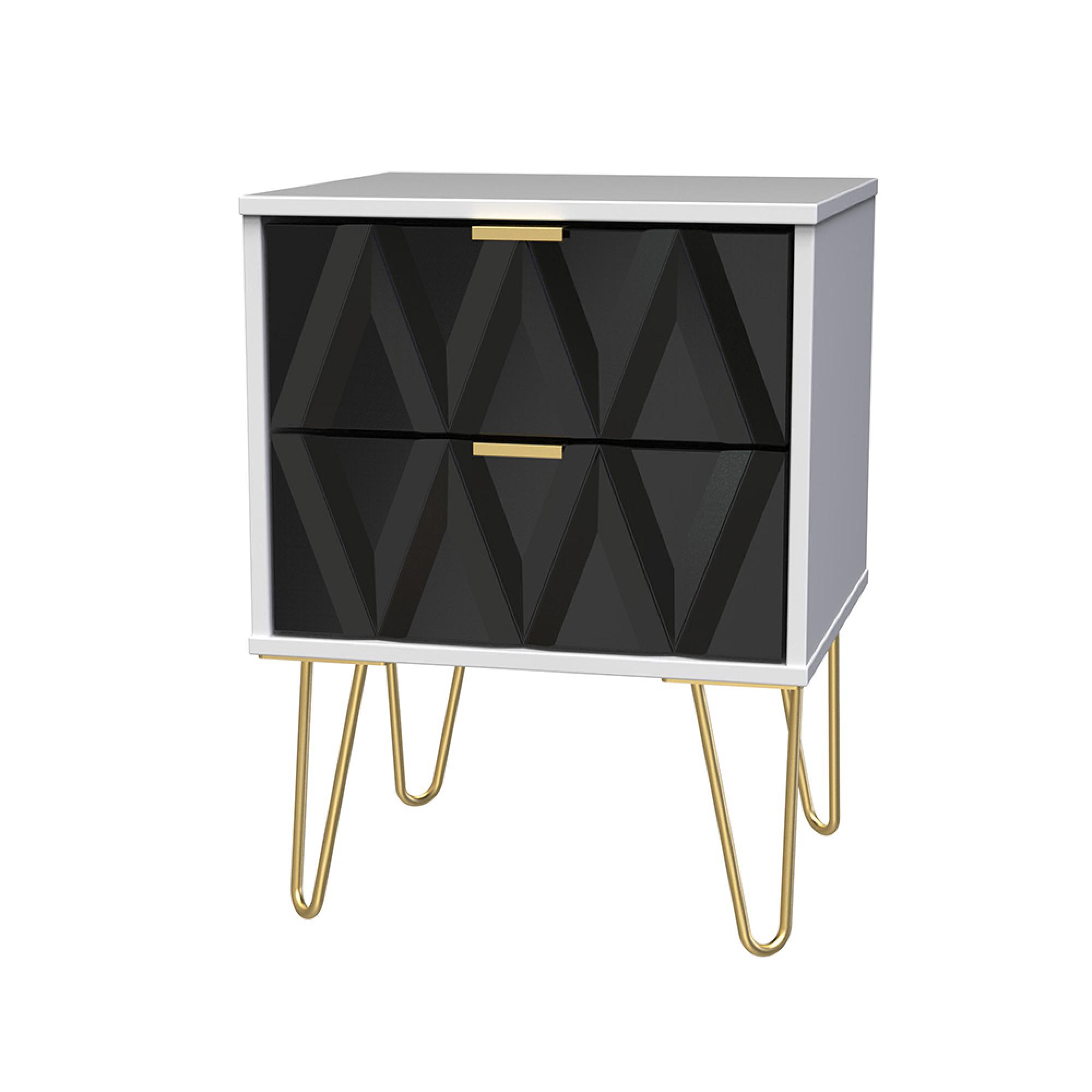 Diamond Bedside Cabinet - 2 Drawer - with Gold Hairpin Legs - Black and White