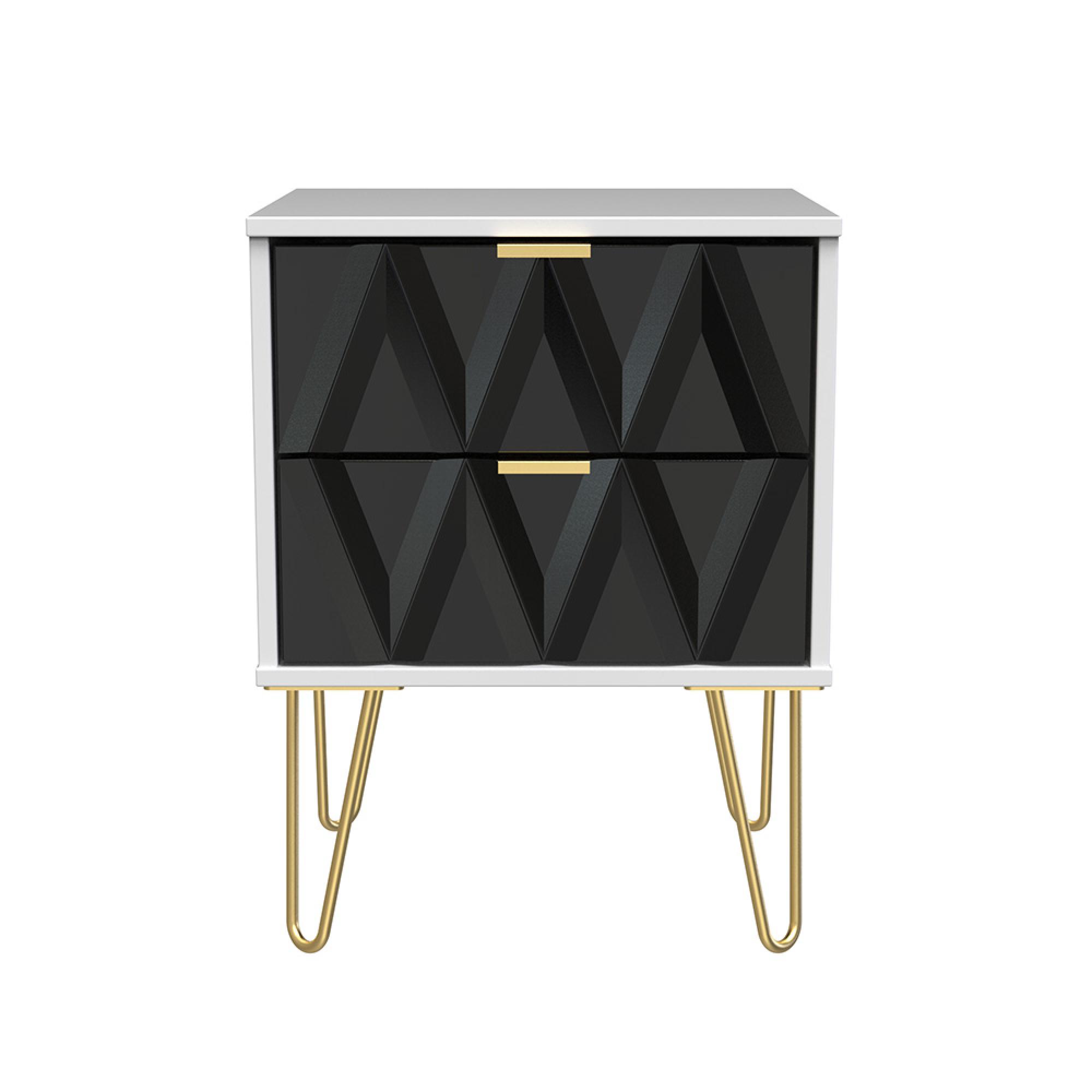 Diamond Bedside Cabinet - 2 Drawer - with Gold Hairpin Legs - Black and White