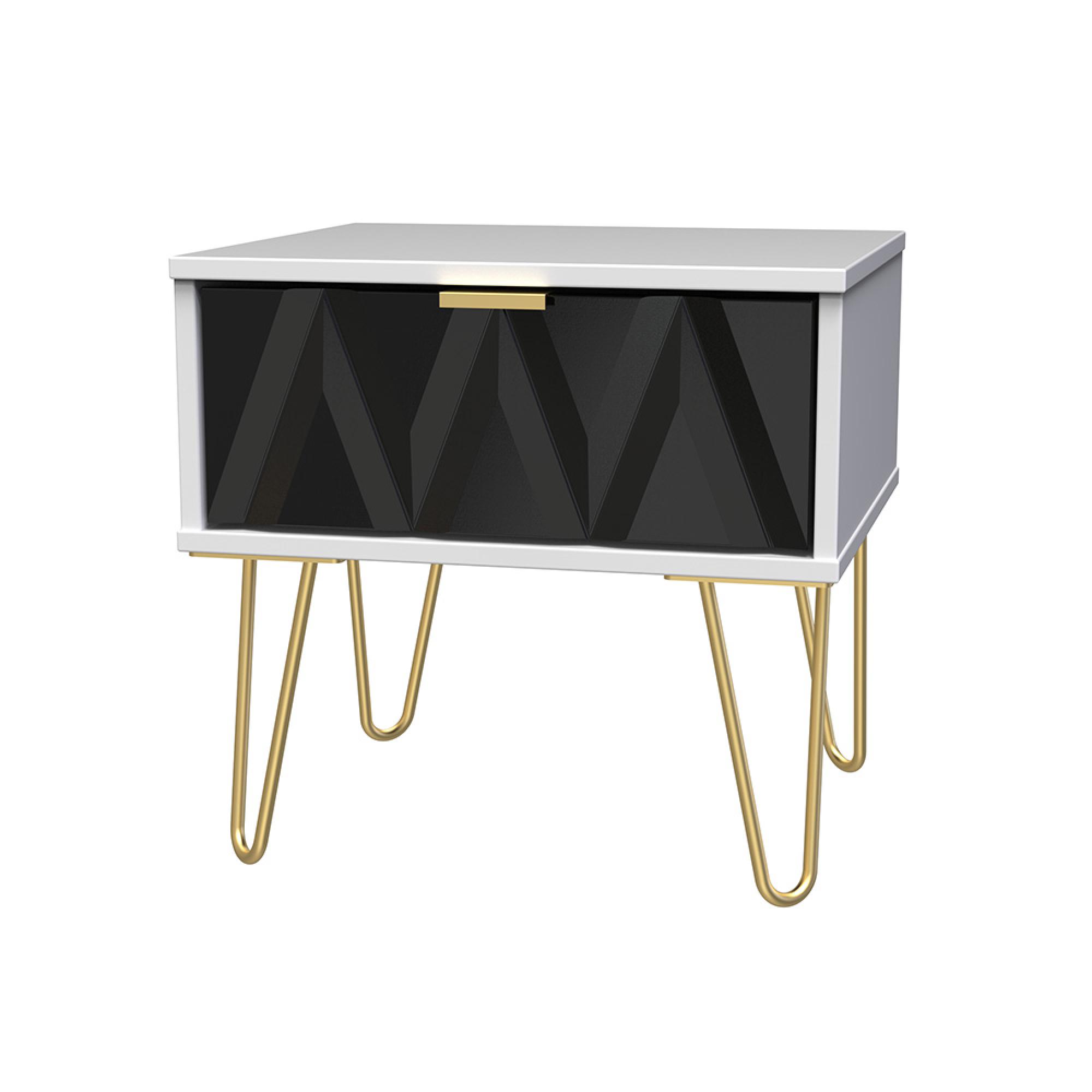 Diamond Bedside Table - 1 Drawer - with Gold Hairpin Legs - Black and White