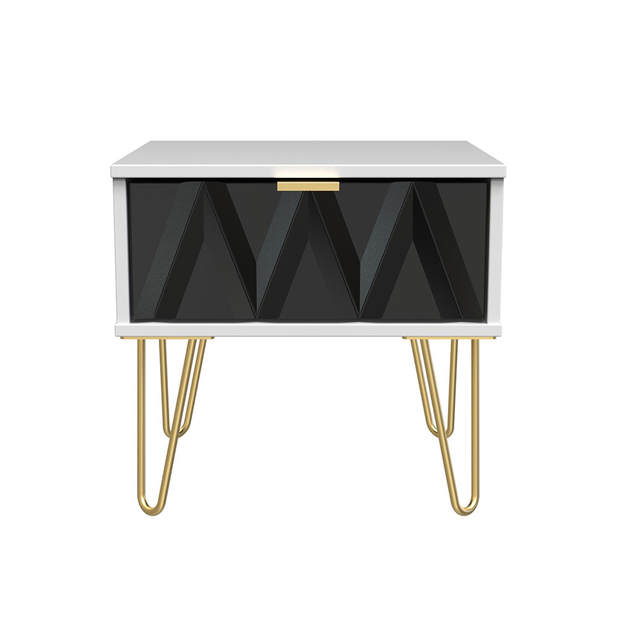 Diamond Bedside Table - 1 Drawer - with Gold Hairpin Legs - Black and White