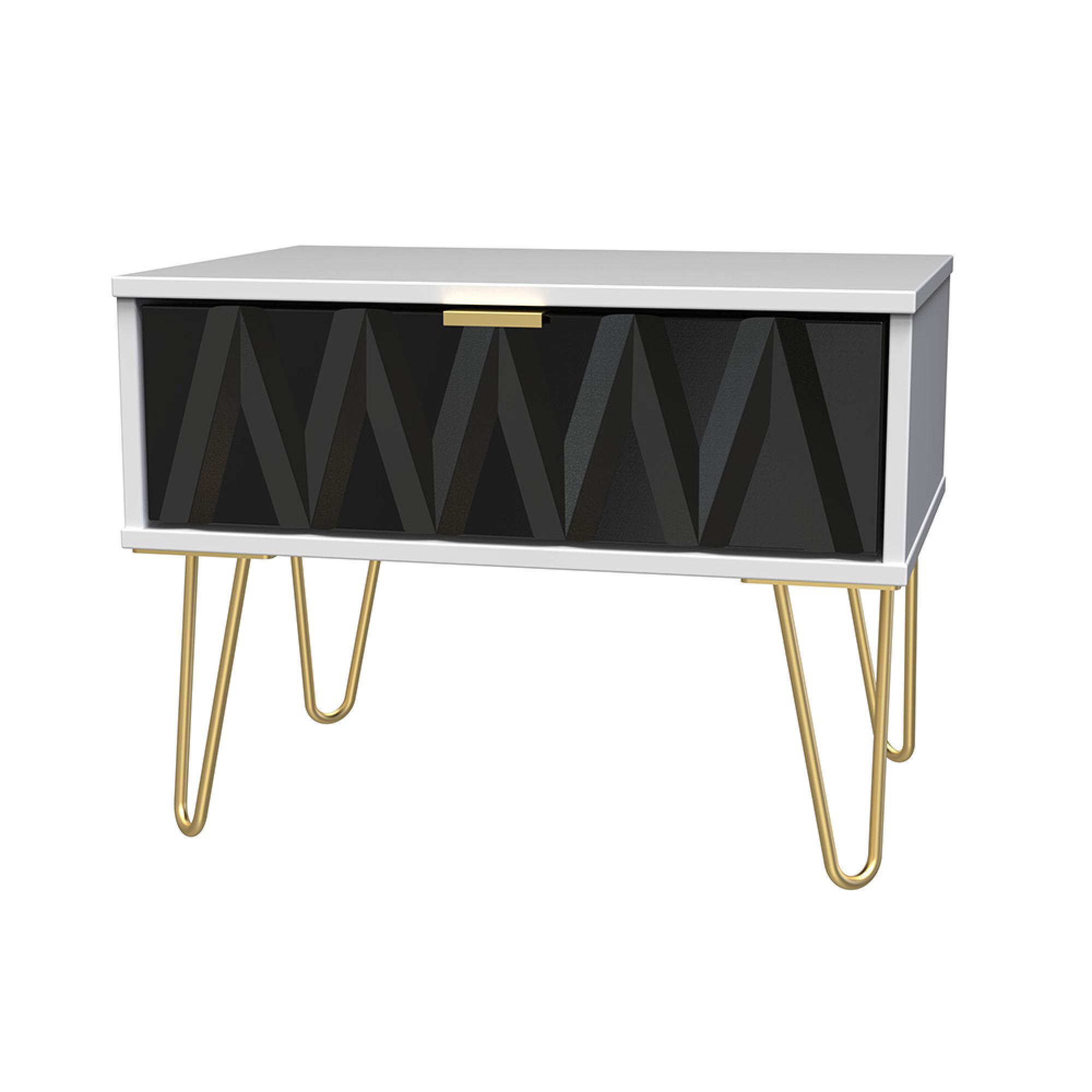 Diamond Midi Bedside Table - 1 Drawer - with Gold Hairpin Legs - Black and White