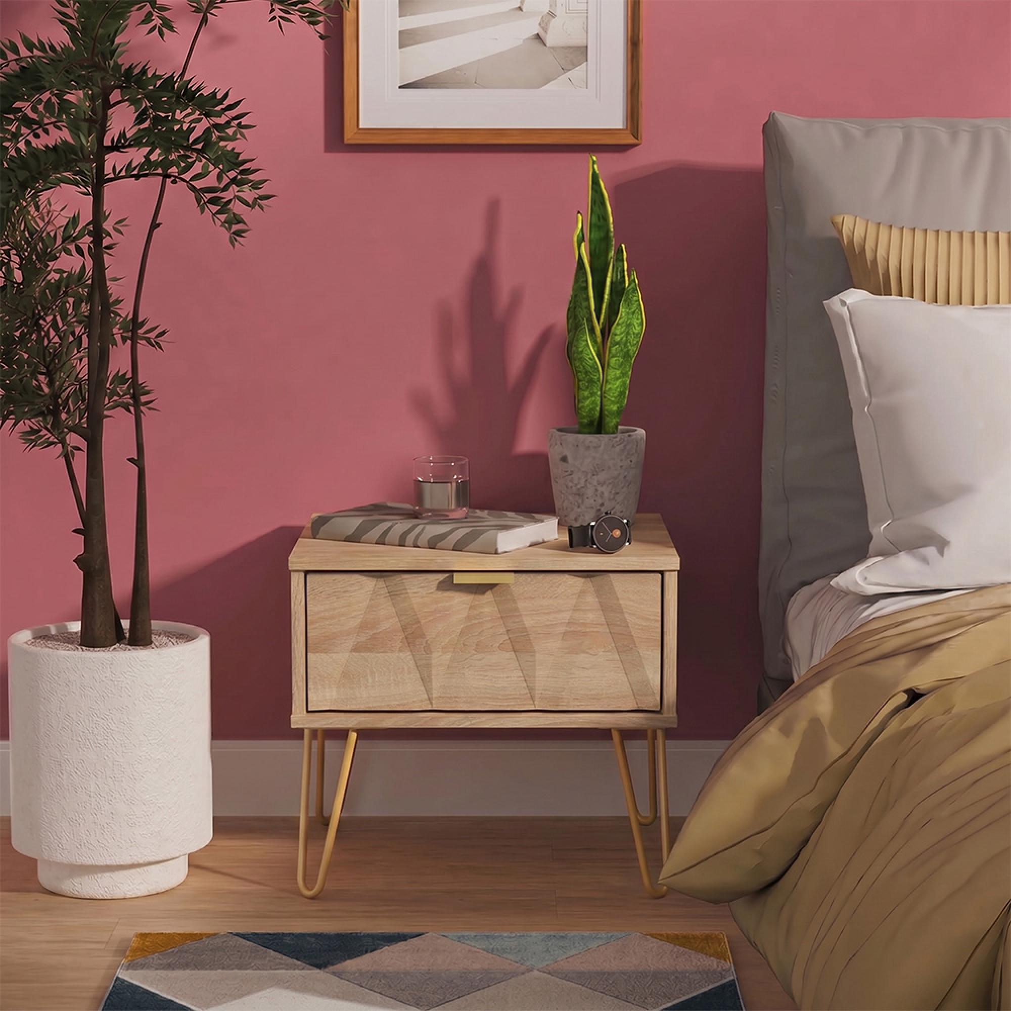 Diamond Bedside Table - 1 Drawer - with Gold Hairpin Legs - Oak