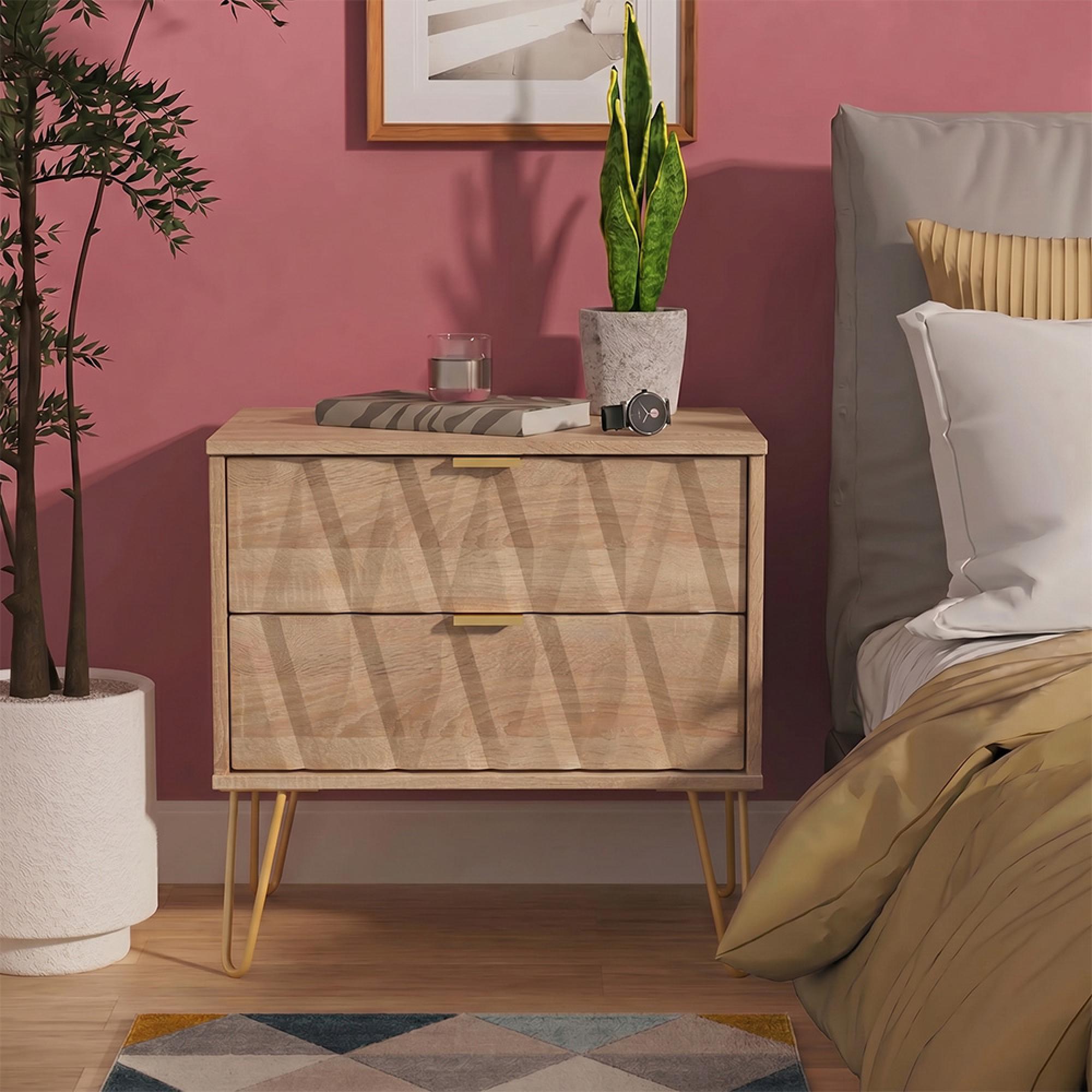 Diamond Midi Bedside Cabinet - 2 Drawer - with Gold Hairpin Legs - Oak