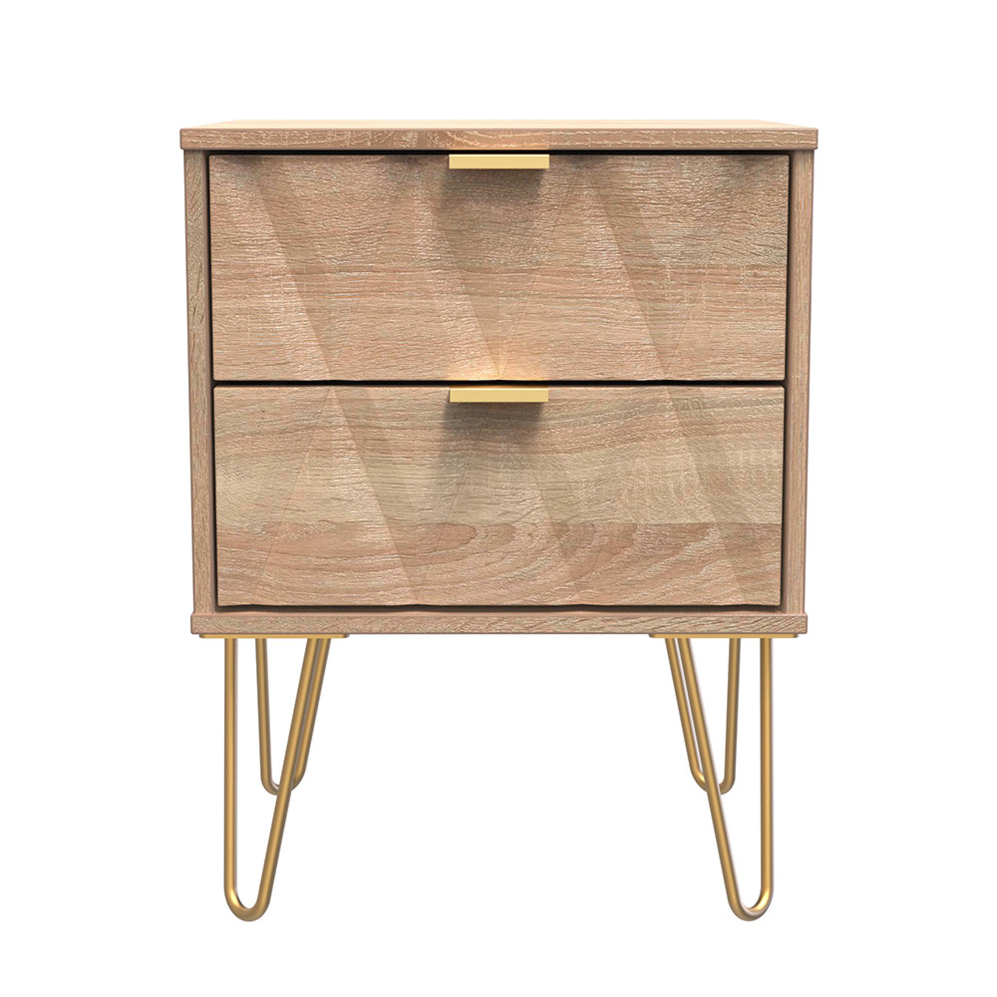 Diamond Bedside Cabinet - 2 Drawer - with Gold Hairpin Legs - Oak