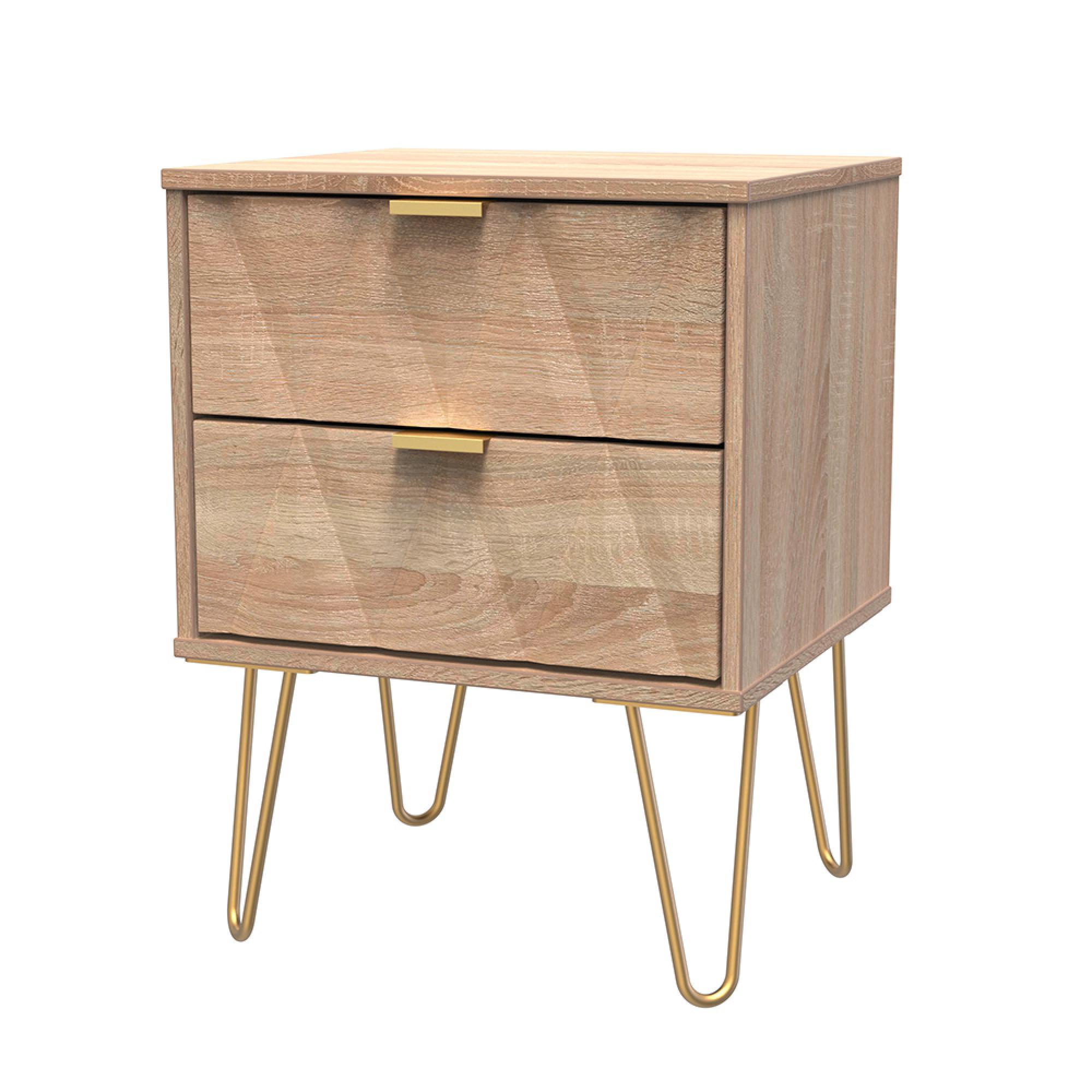 Diamond Bedside Cabinet - 2 Drawer - with Gold Hairpin Legs - Oak