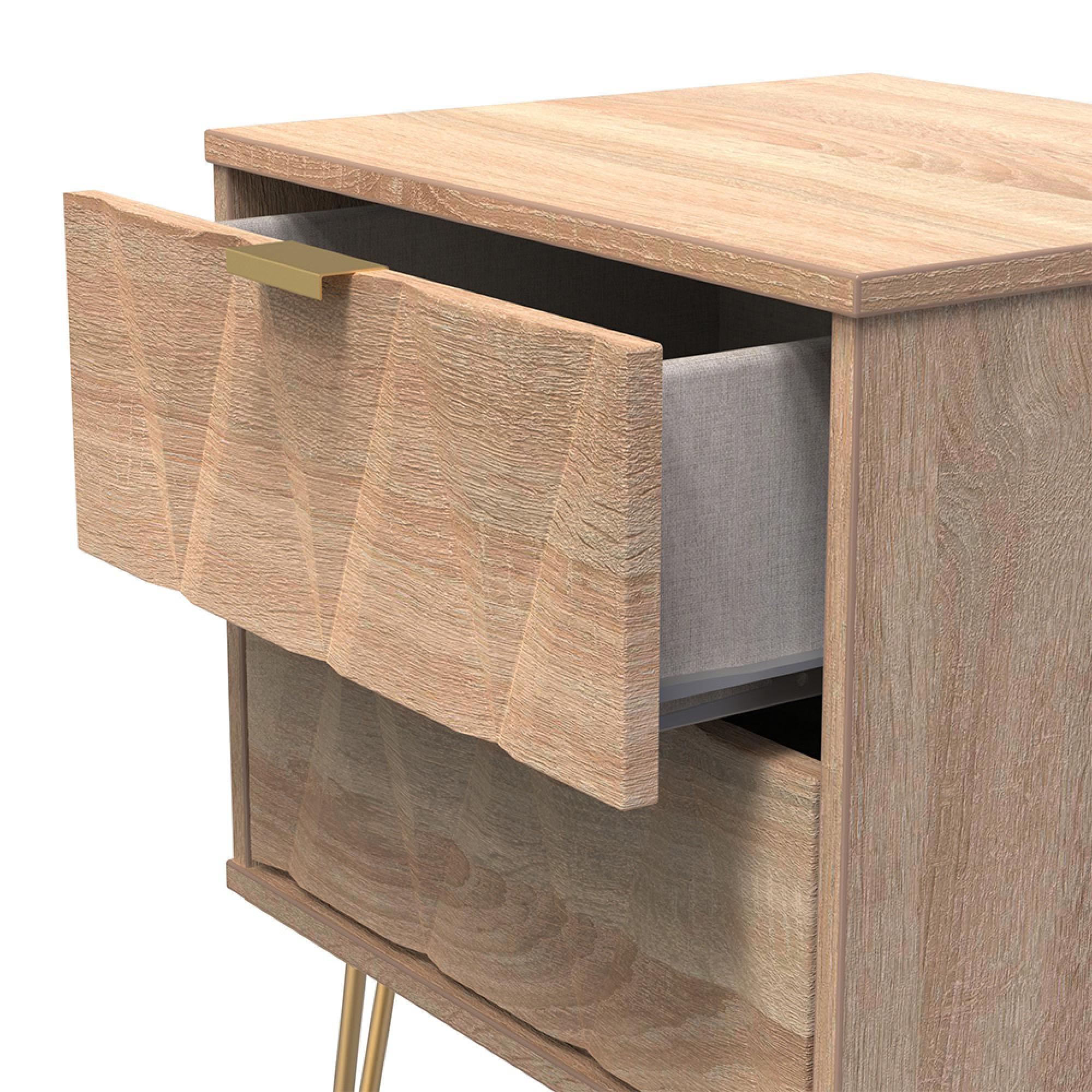 Diamond Bedside Cabinet - 2 Drawer - with Gold Hairpin Legs - Oak