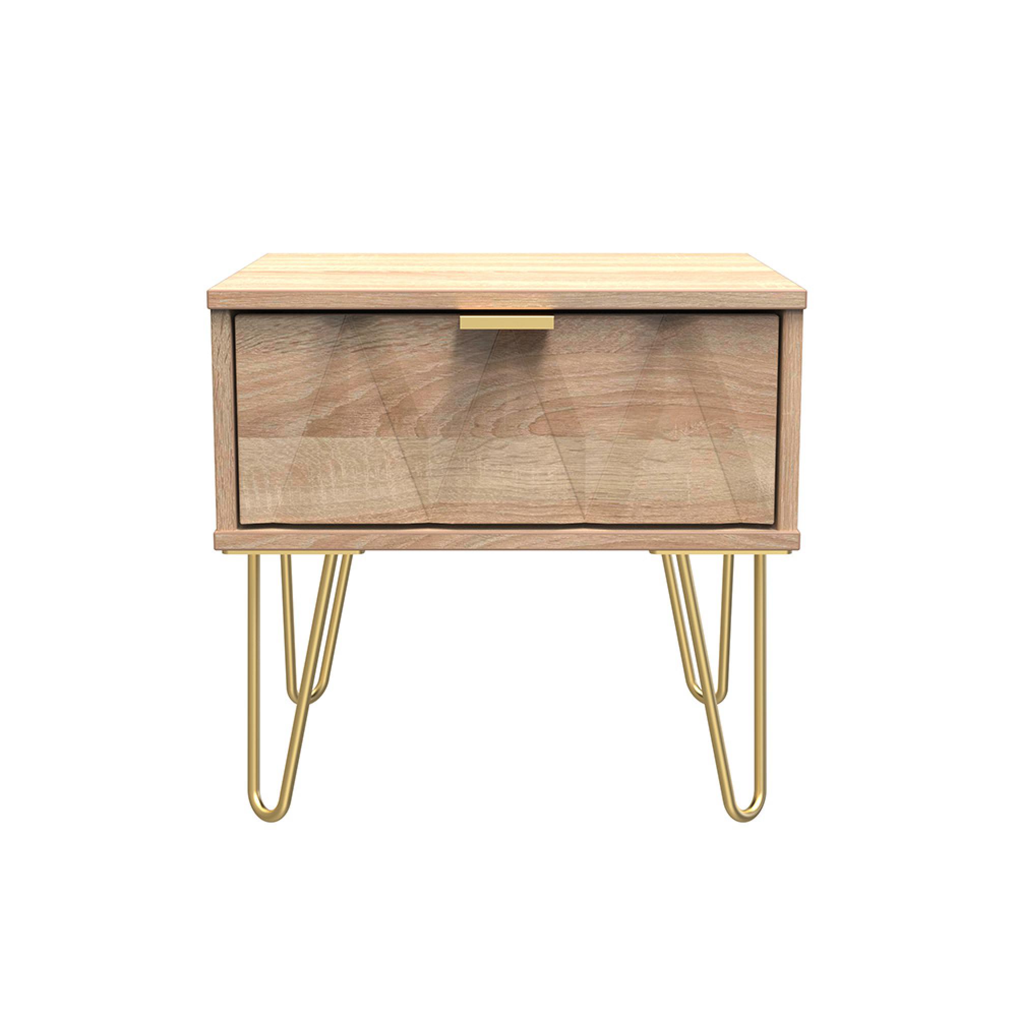 Diamond Bedside Table - 1 Drawer - with Gold Hairpin Legs - Oak