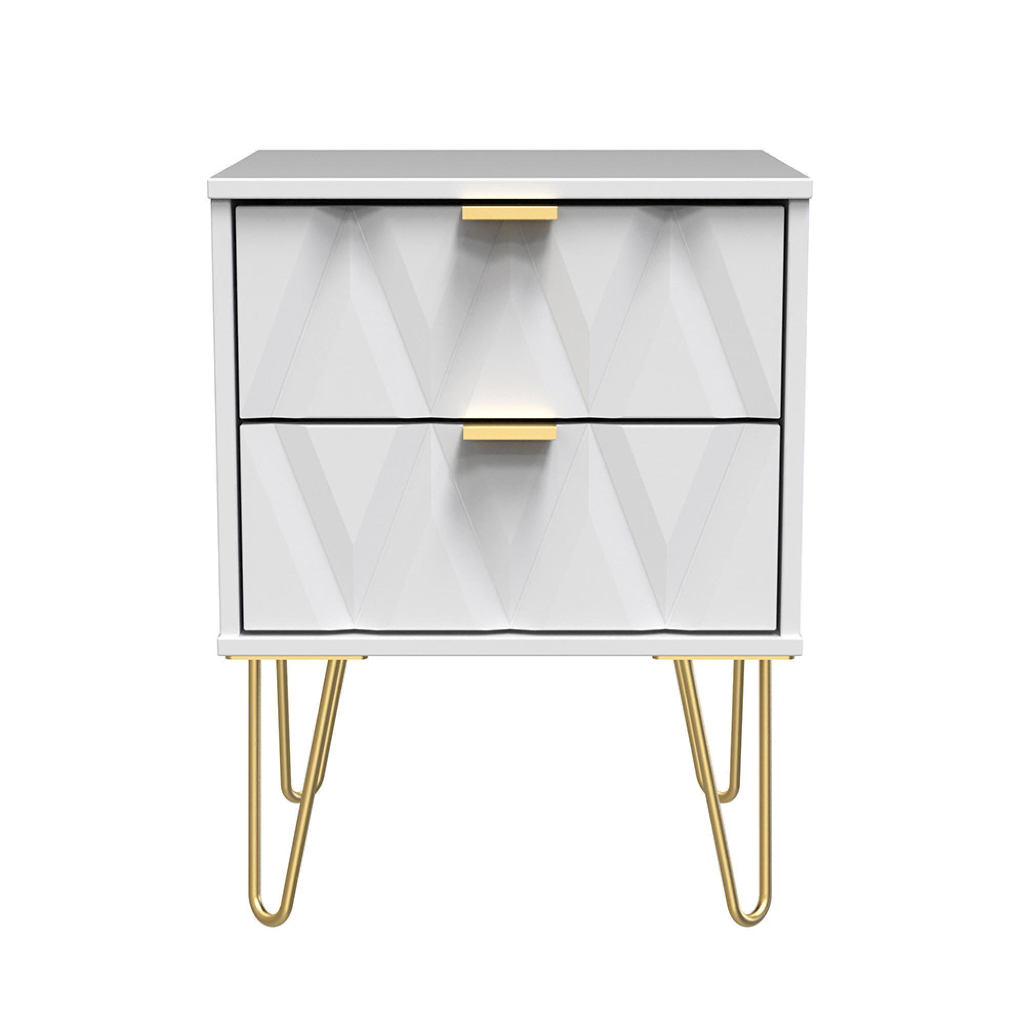 Diamond Bedside Cabinet - 2 Drawer - with Gold Hairpin Legs - White