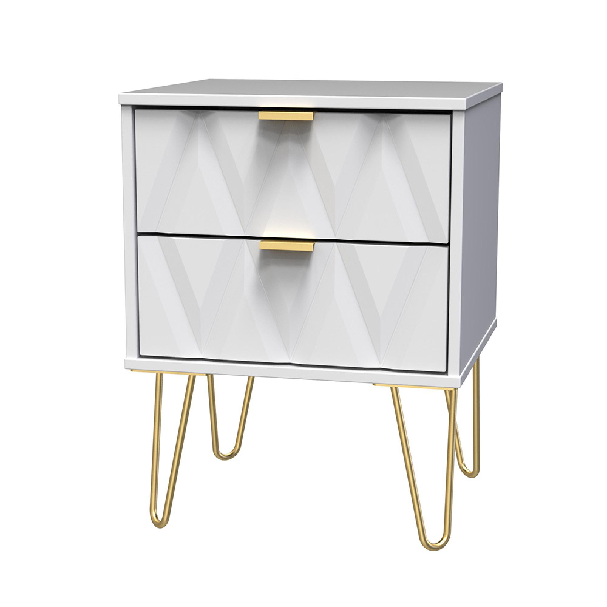 Diamond Bedside Cabinet - 2 Drawer - with Gold Hairpin Legs - White