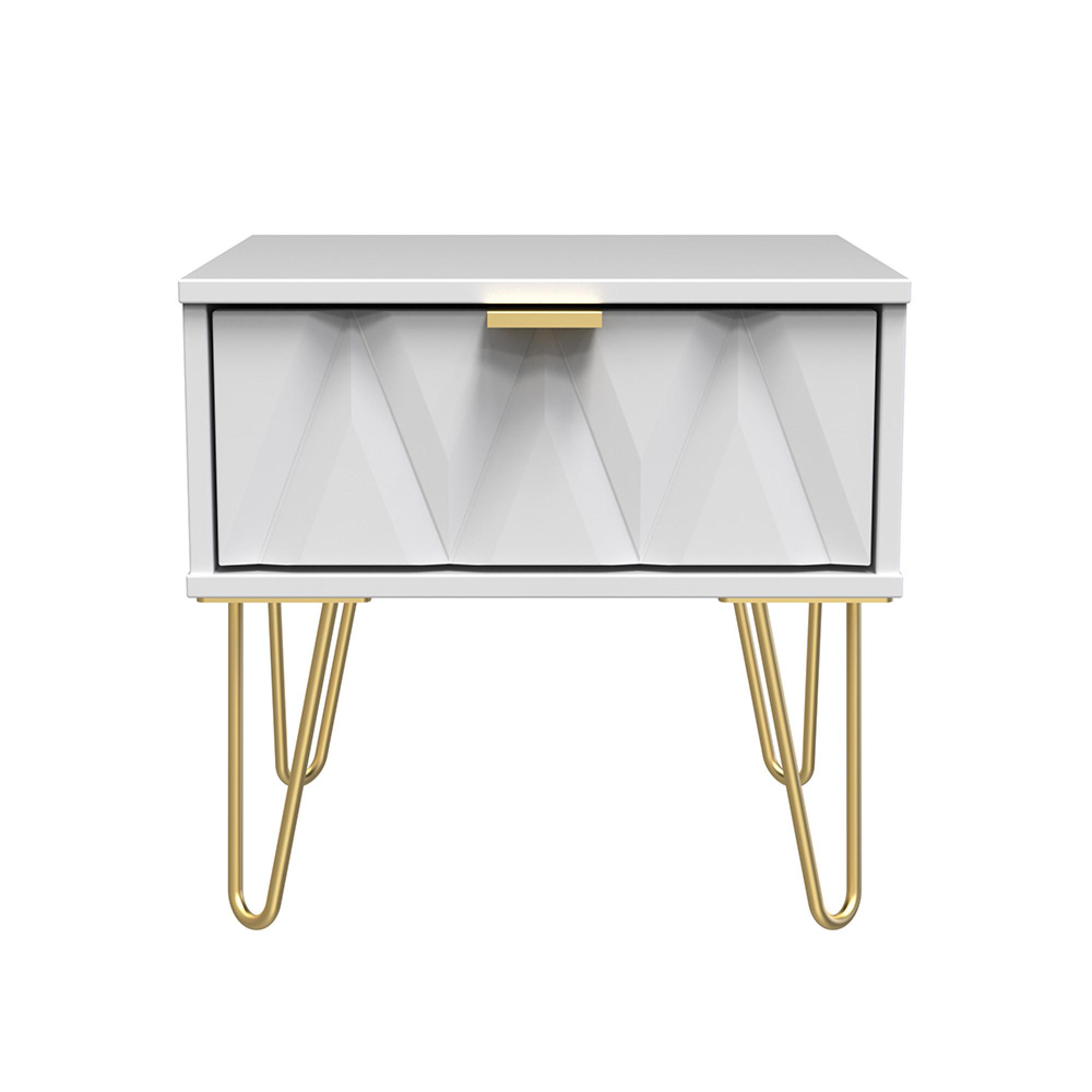 Diamond Bedside Table - 1 Drawer - with Gold Hairpin Legs - White